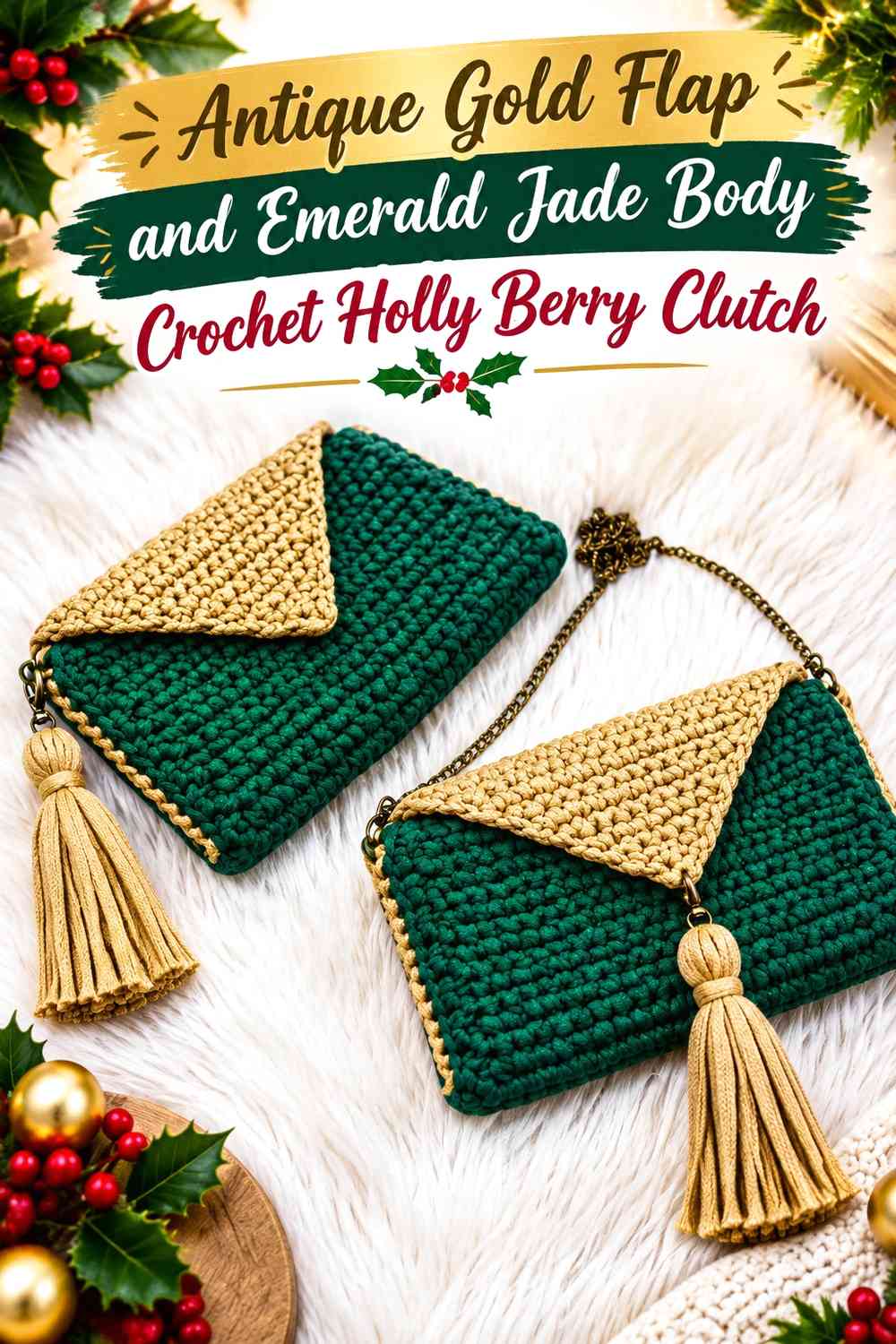 Antique Gold Flap and Emerald Jade Body Crochet Holly Berry Clutch