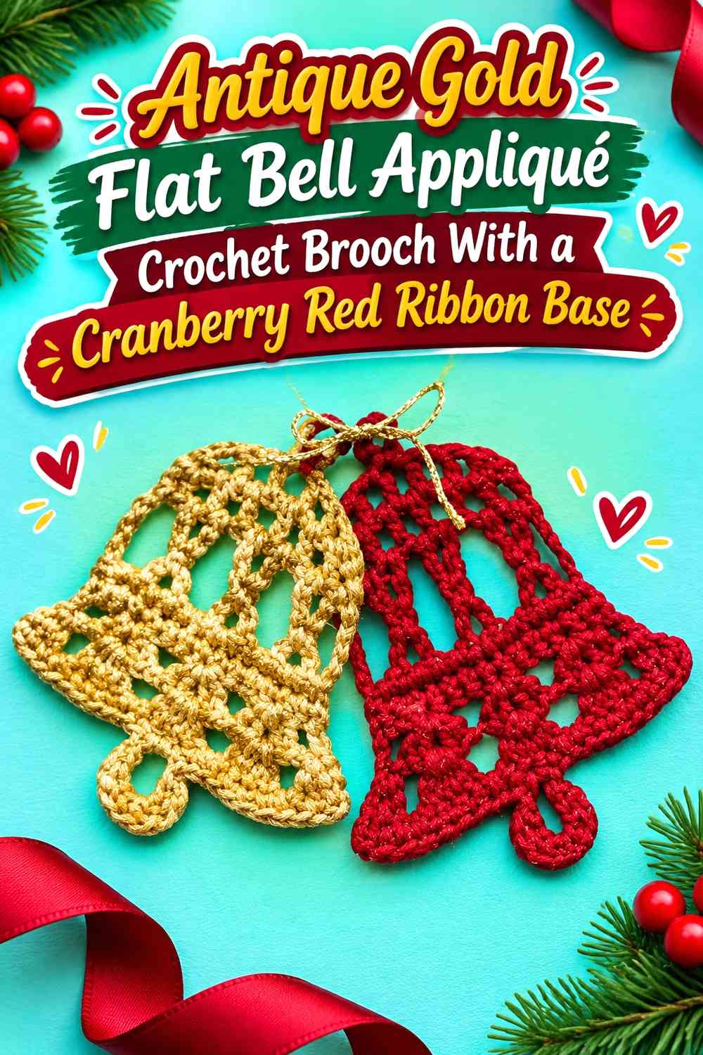 Antique Gold Flat Bell Appliqué Crochet Brooch With a Cranberry Red Ribbon Base