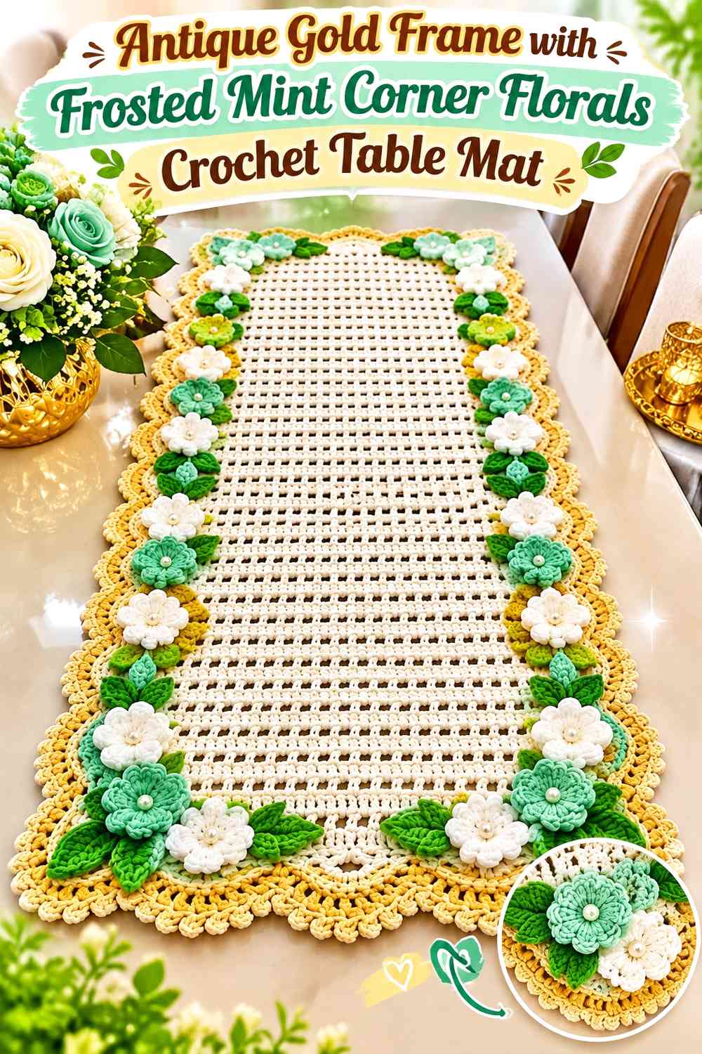Antique Gold Frame with Frosted Mint Corner Florals Crochet Table Mat