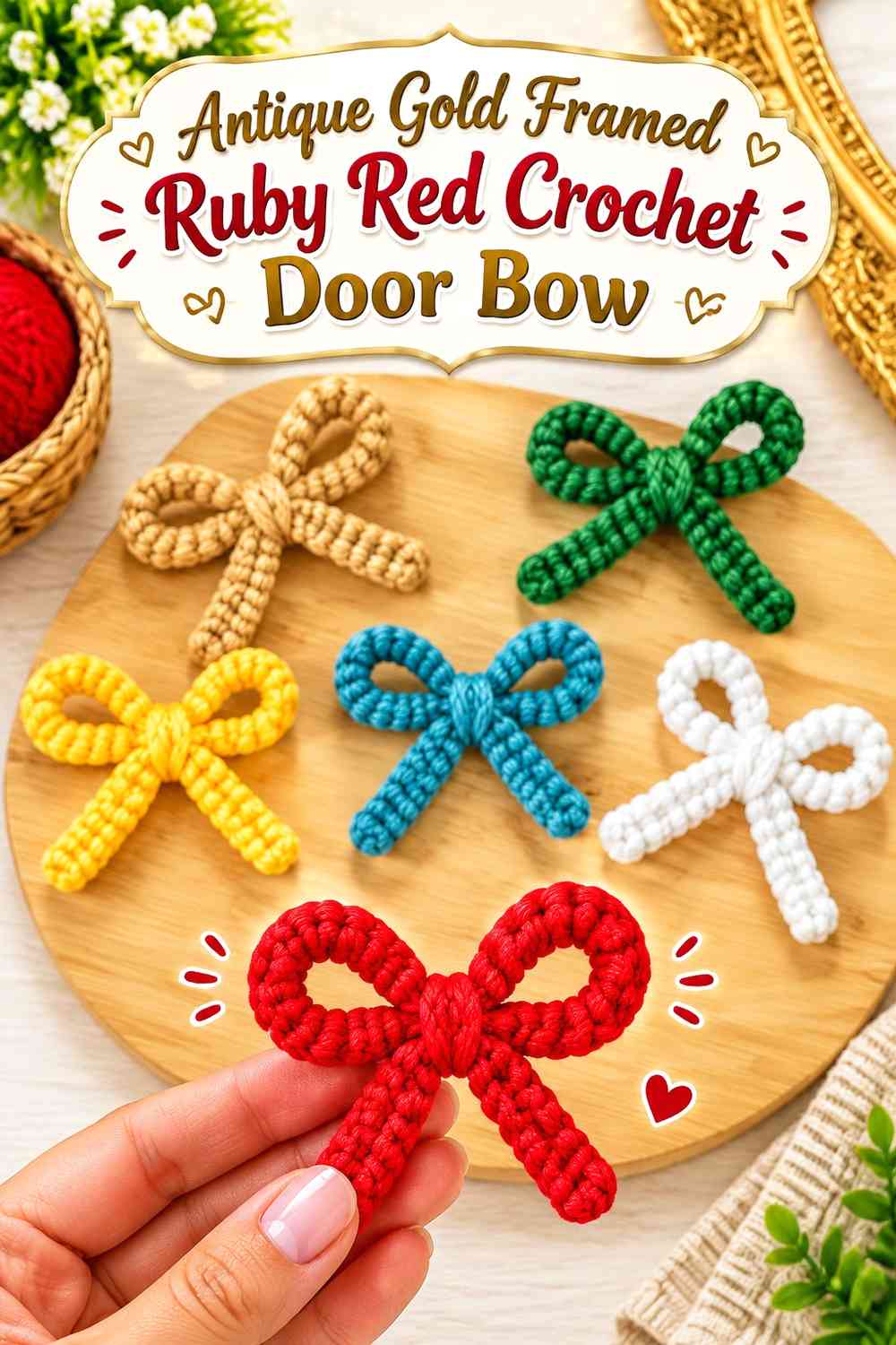 Antique Gold Framed Ruby Red Crochet Door Bow