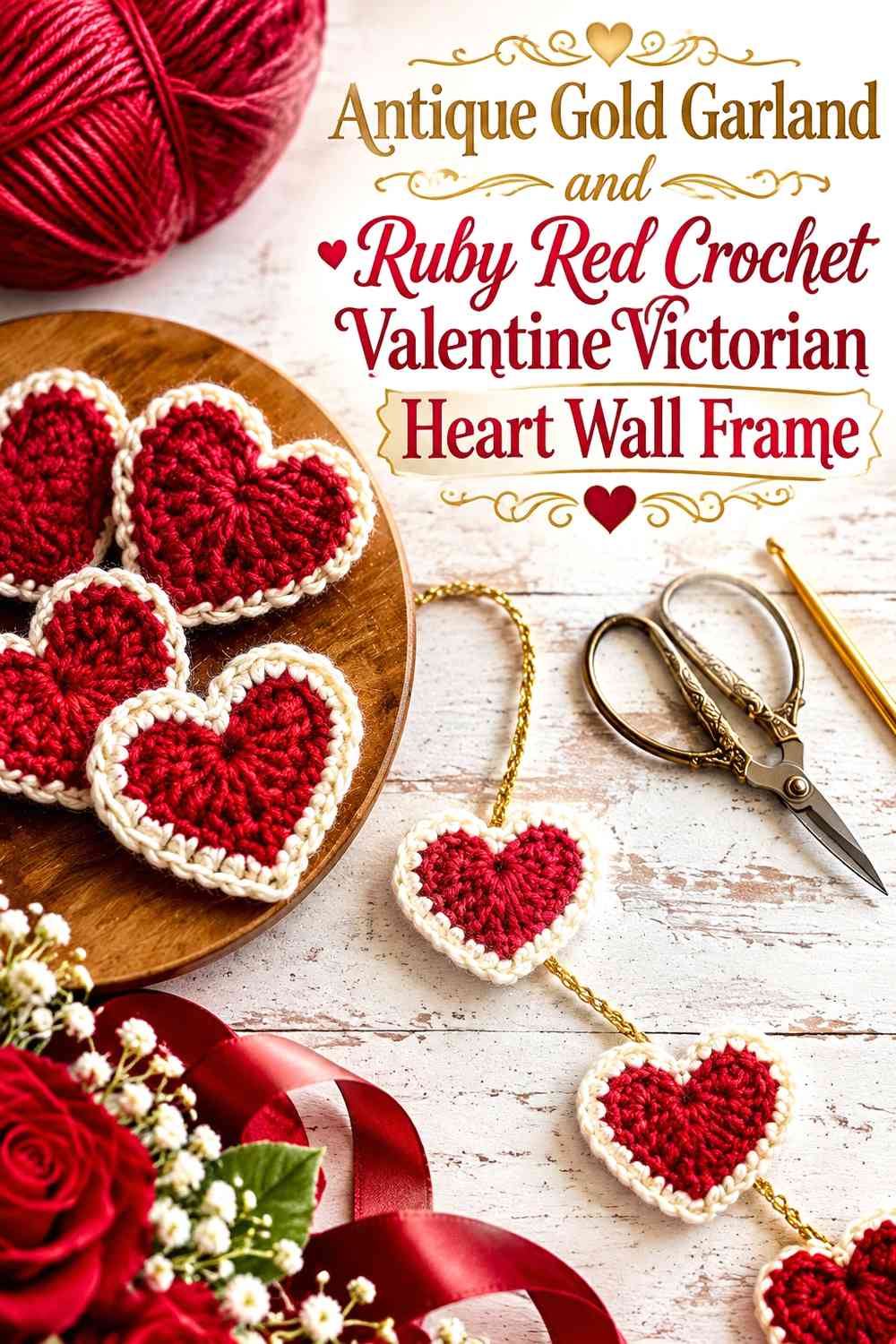 Antique Gold Garland and Ruby Red Crochet Valentine Victorian Heart Wall Frame