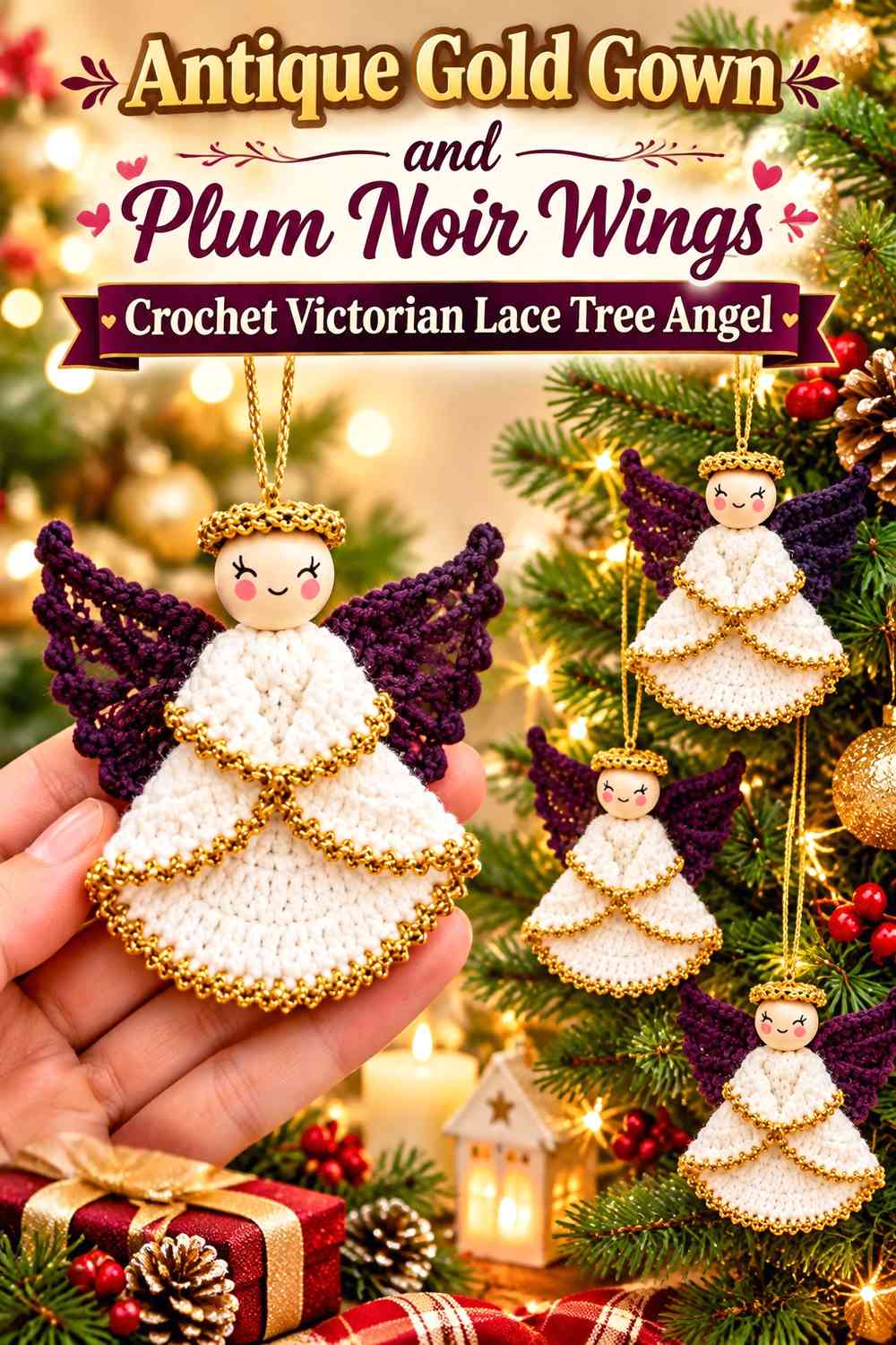 Antique Gold Gown and Plum Noir Wings Crochet Victorian Lace Tree Angel