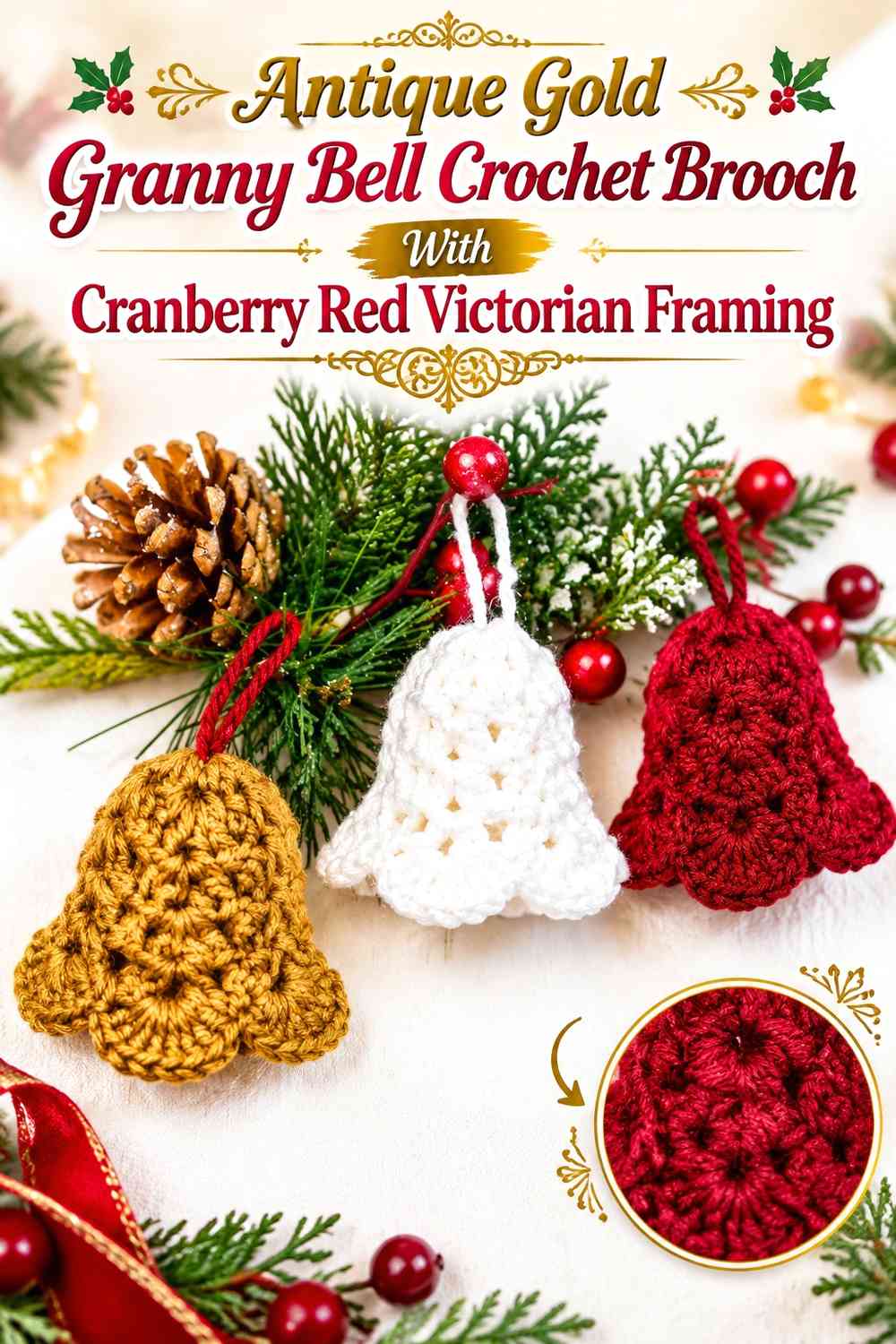 Antique Gold Granny Bell Crochet Brooch With Cranberry Red Victorian Framing