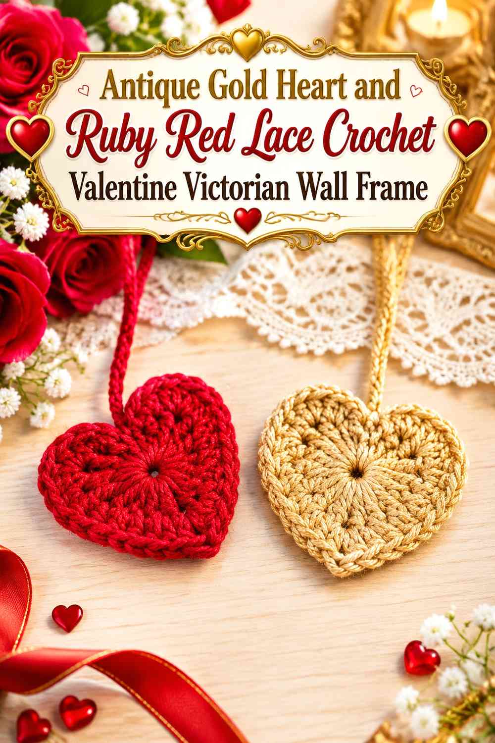 Antique Gold Heart and Ruby Red Lace Crochet Valentine Victorian Wall Frame