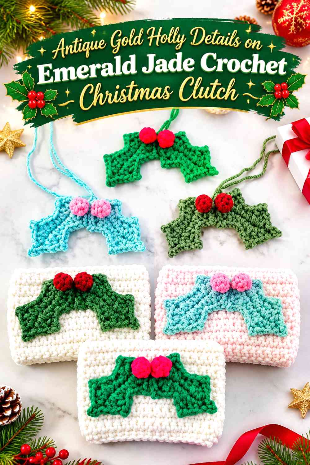 Antique Gold Holly Details on Emerald Jade Crochet Christmas Clutch