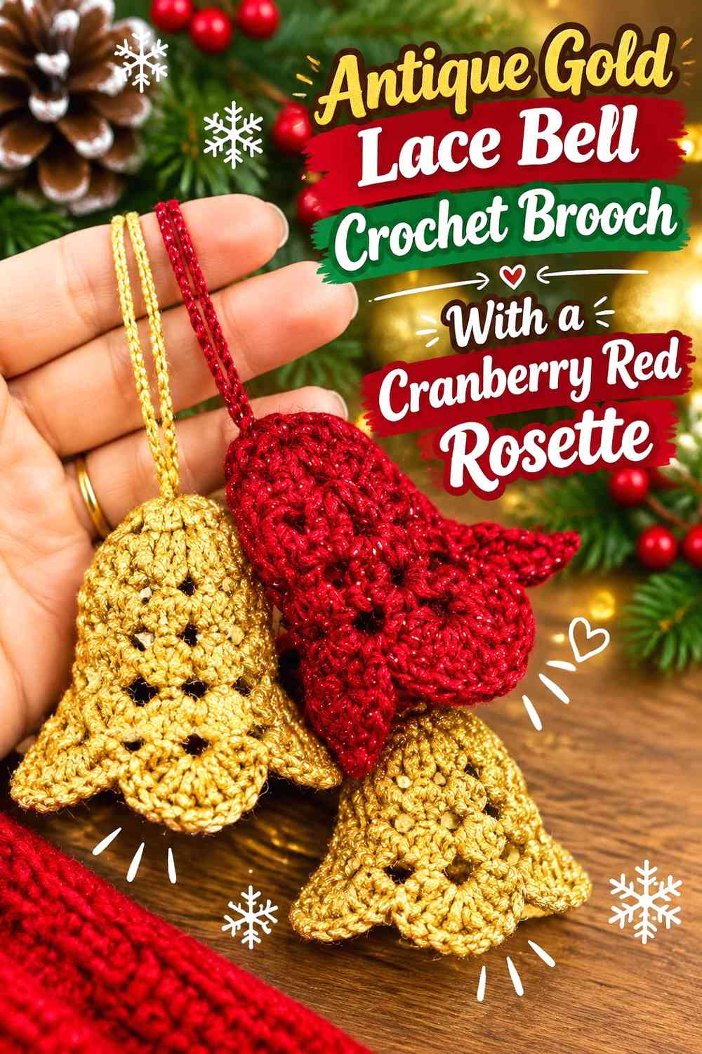 Antique Gold Lace Bell Crochet Brooch With a Cranberry Red Rosette