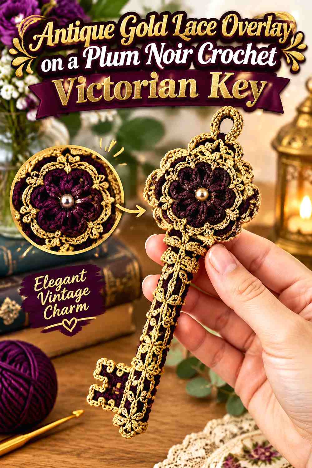 Antique Gold Lace Overlay on a Plum Noir Crochet Victorian Key