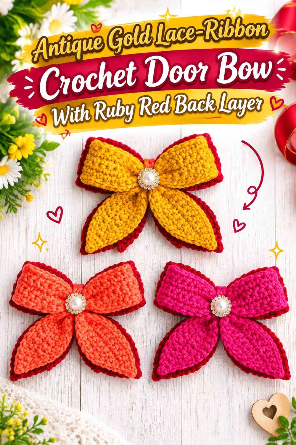 Antique Gold Lace-Ribbon Crochet Door Bow With Ruby Red Back Layer