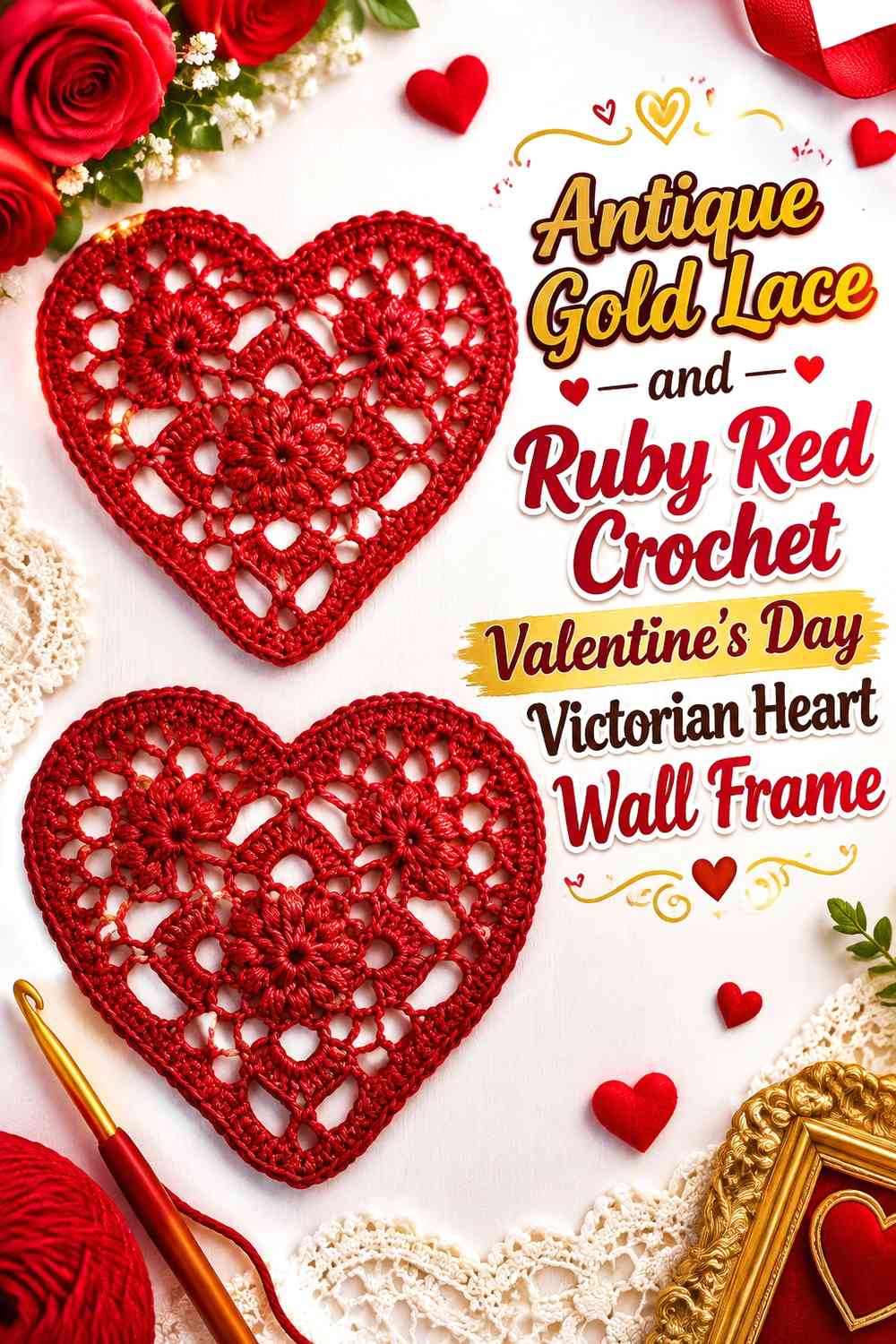 Antique Gold Lace and Ruby Red Crochet Valentine Victorian Heart Wall Frame
