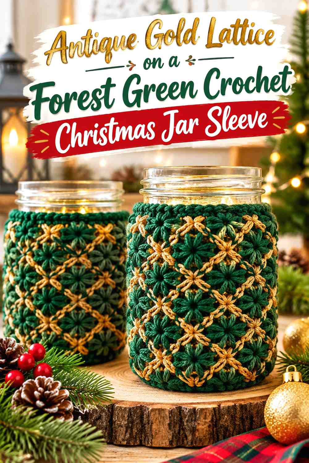Antique Gold Lattice on a Forest Green Crochet Christmas Jar Sleeve