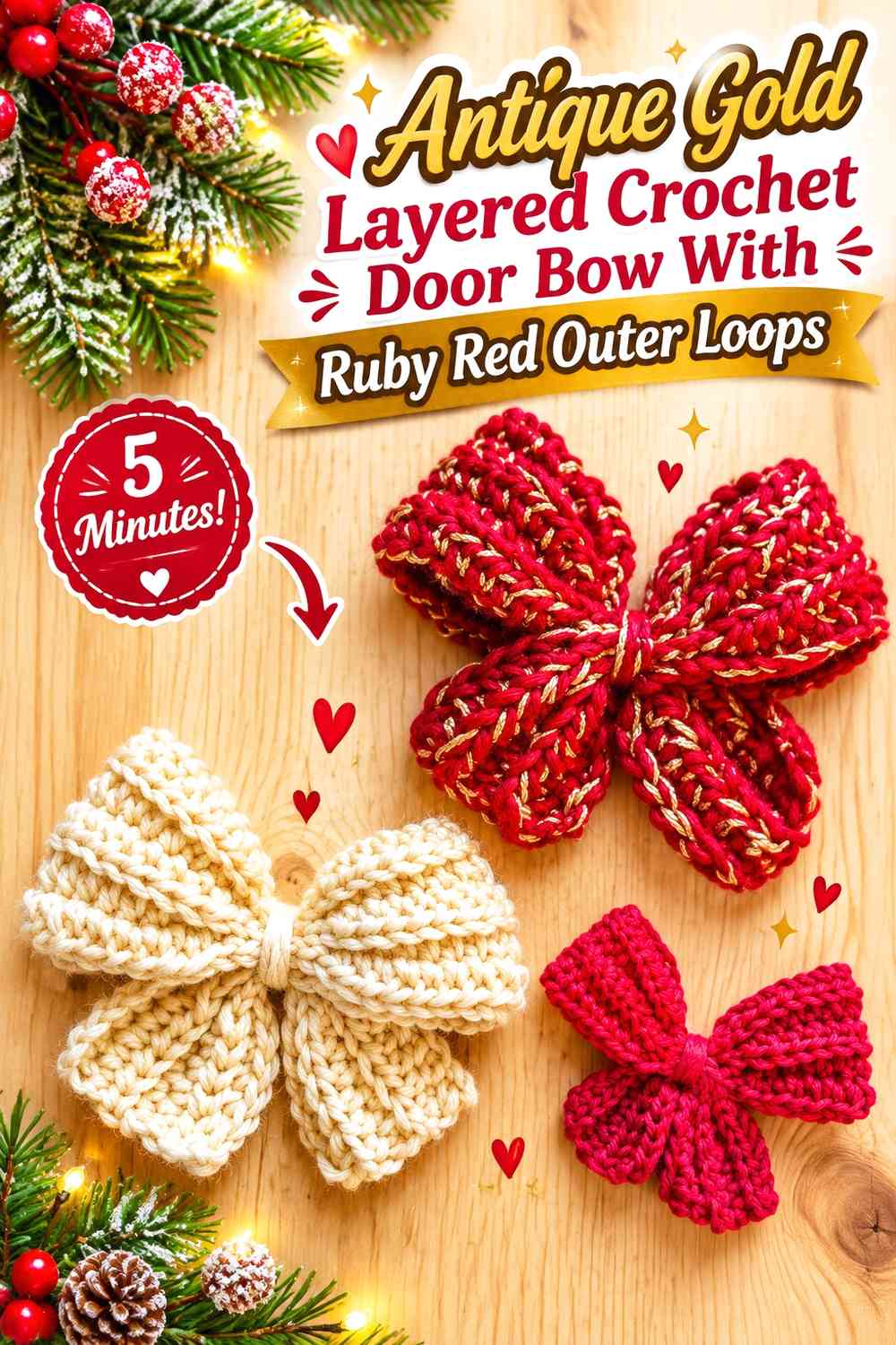 Antique Gold Layered Crochet Door Bow With Ruby Red Outer Loops