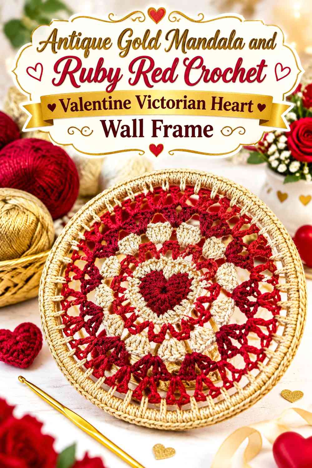 Antique Gold Mandala and Ruby Red Crochet Valentine Victorian Heart Wall Frame