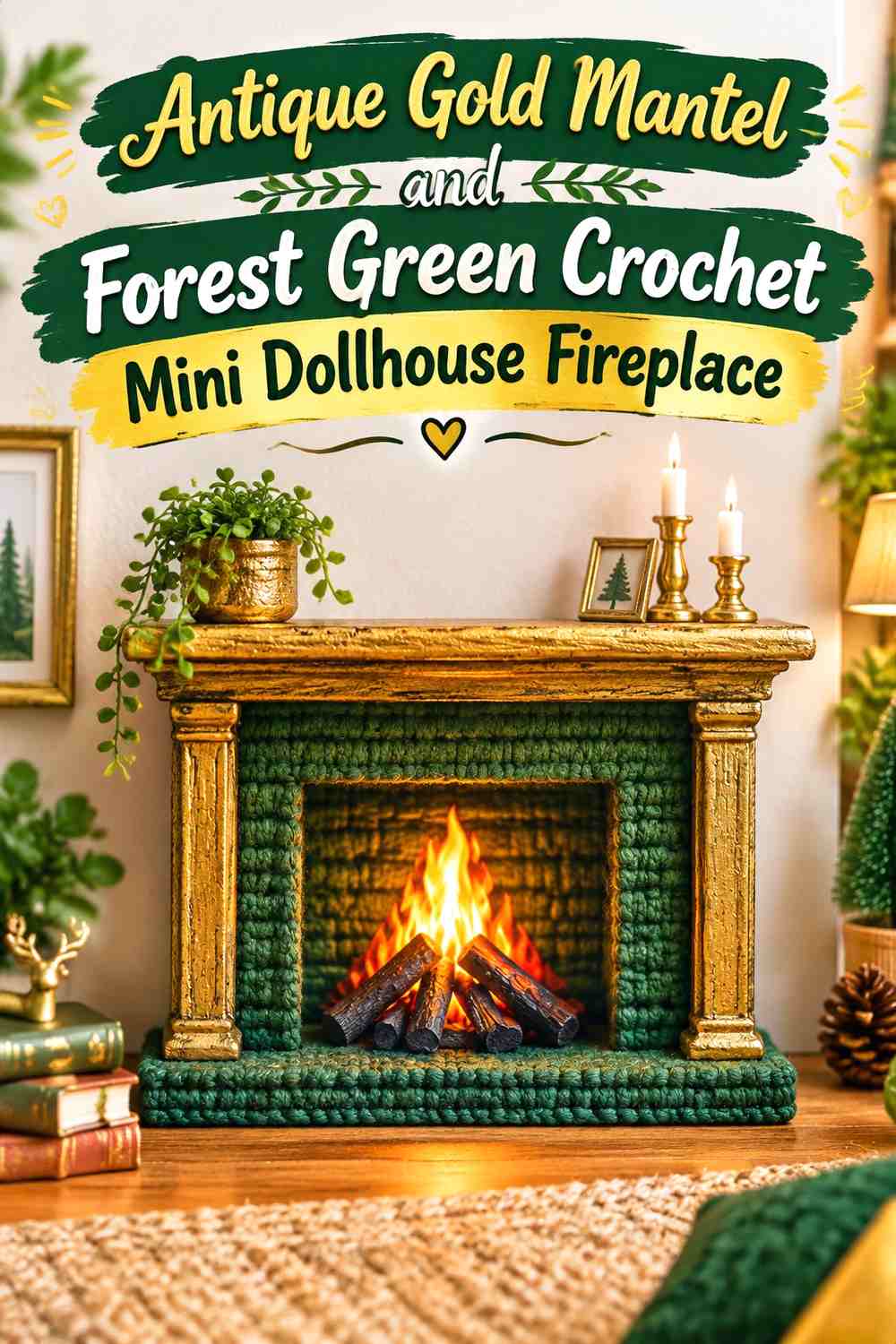 Antique Gold Mantel and Forest Green Crochet Mini Dollhouse Fireplace