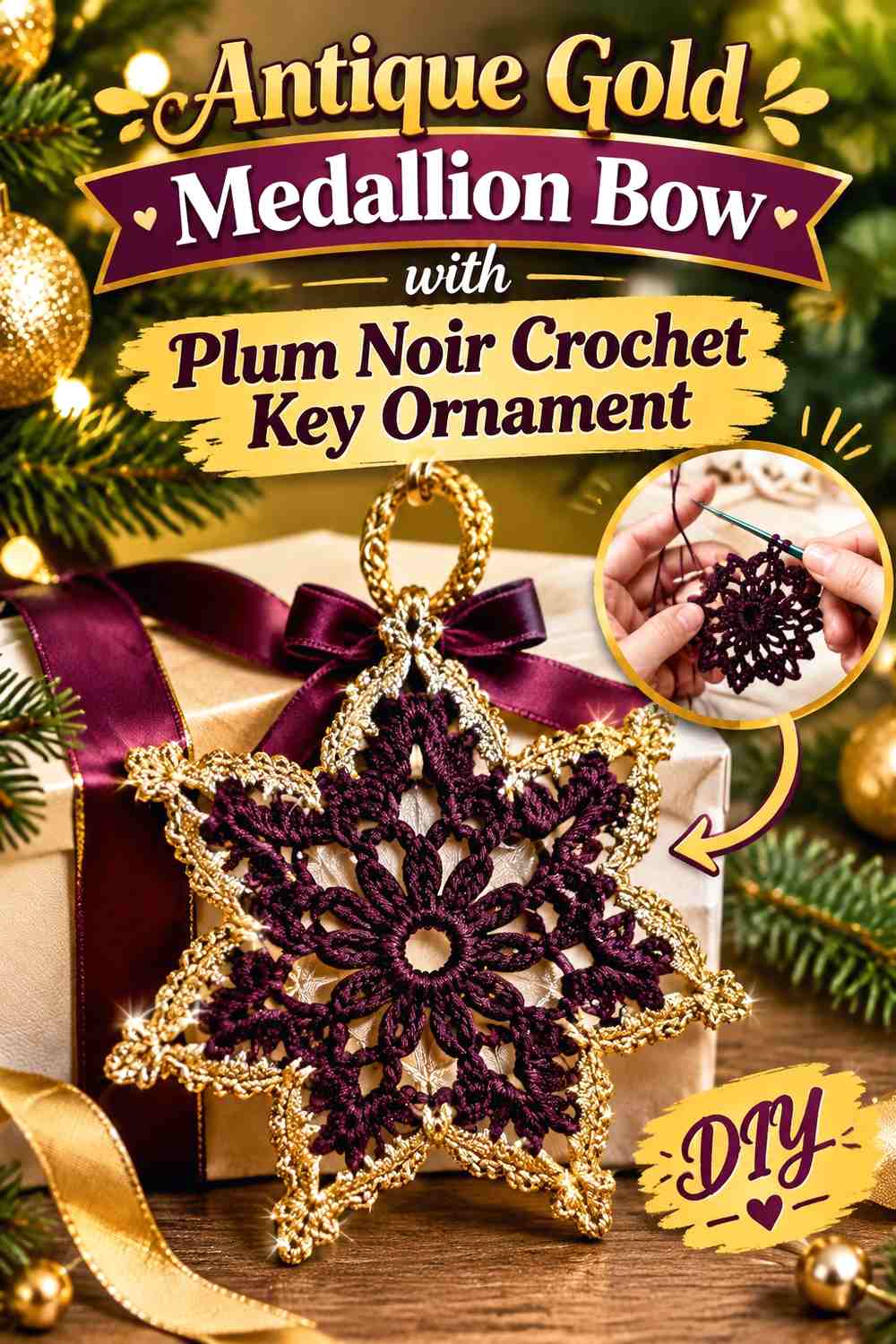 Antique Gold Medallion Bow with Plum Noir Crochet Key Ornament