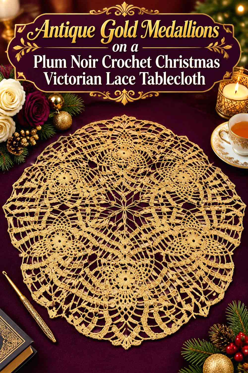 Antique Gold Medallions on a Plum Noir Crochet Christmas Victorian Lace Tablecloth
