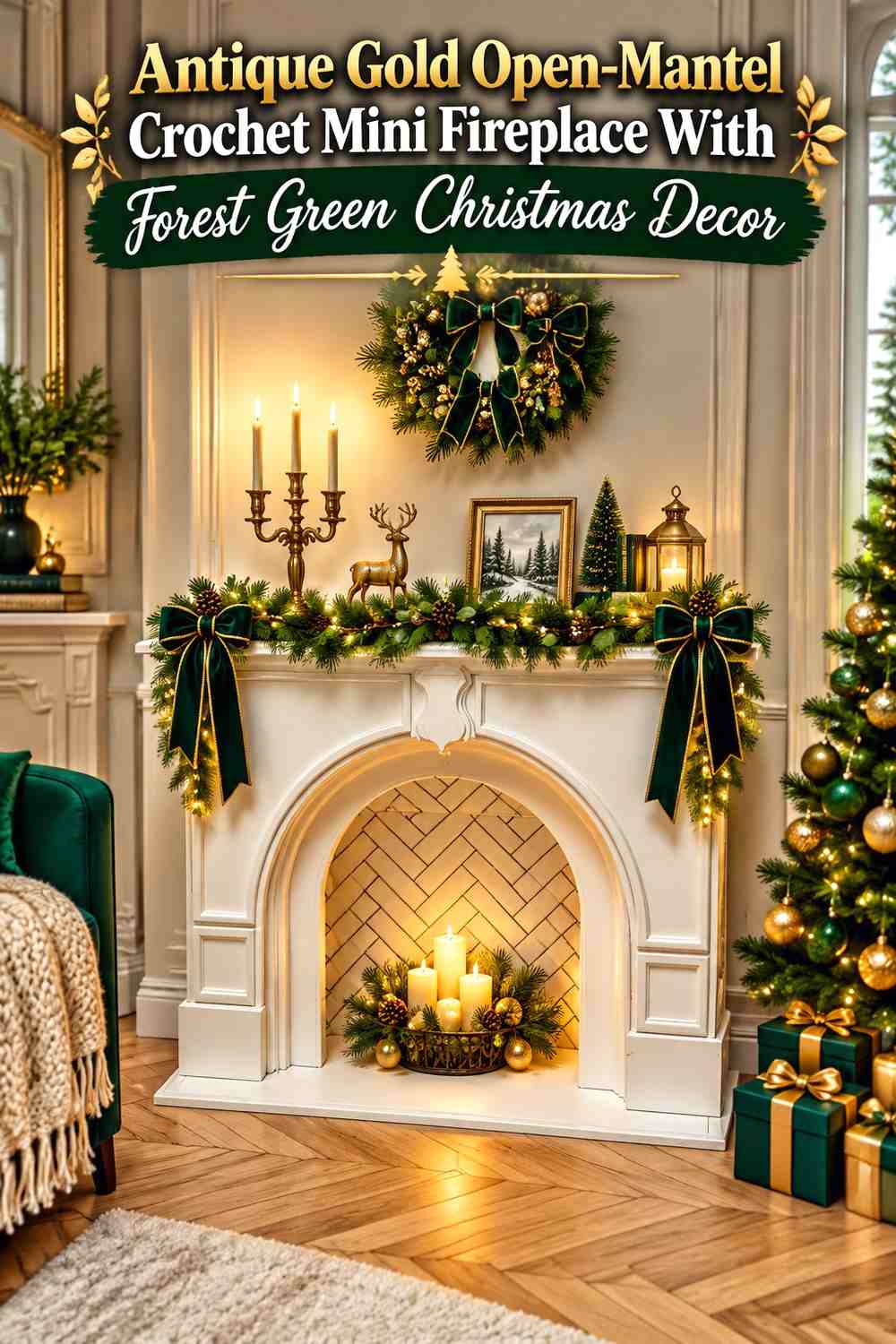 Antique Gold Open-Mantel Crochet Mini Fireplace With Forest Green Christmas Decor