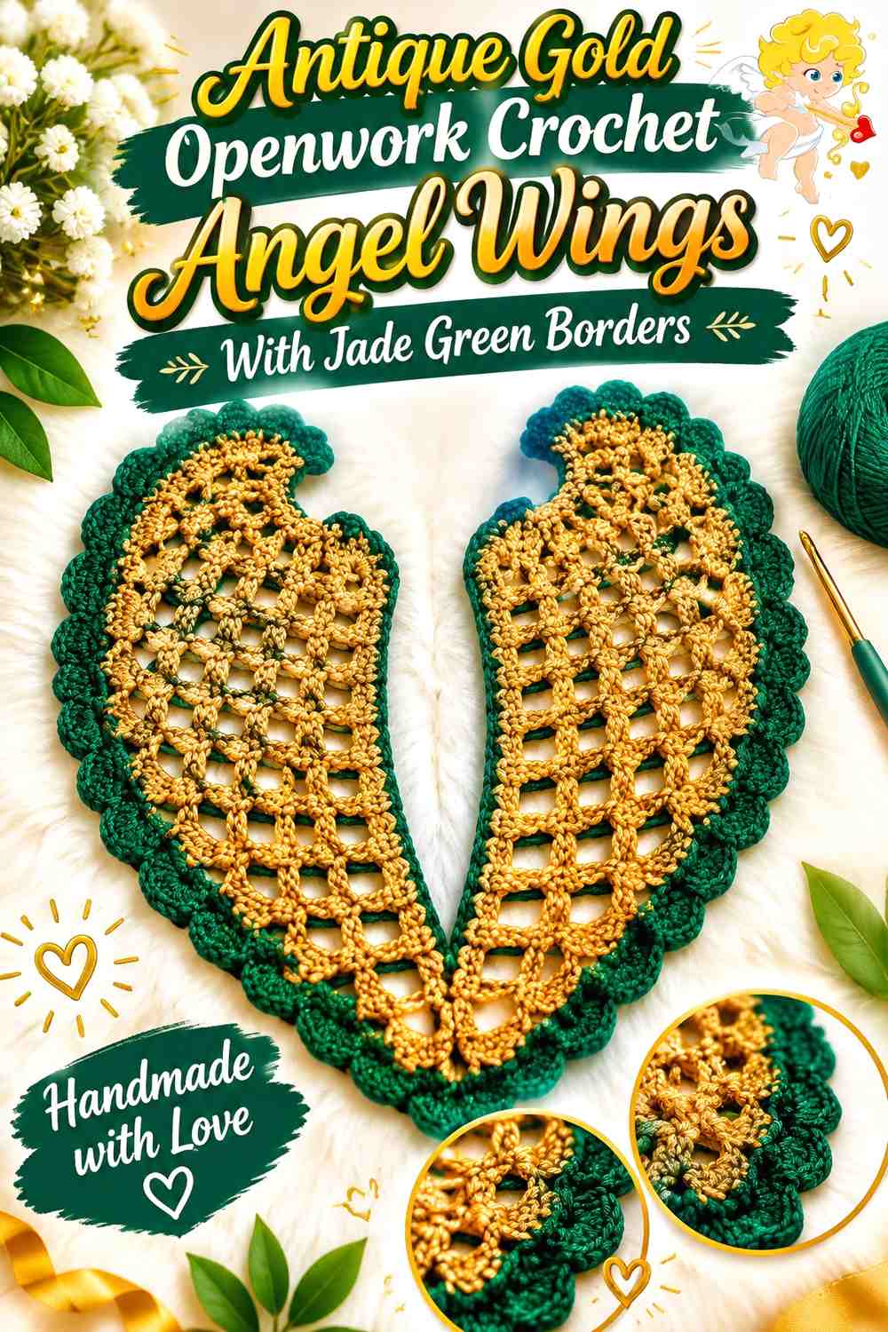 Antique Gold Openwork Crochet Angel Wings With Jade Green Borders