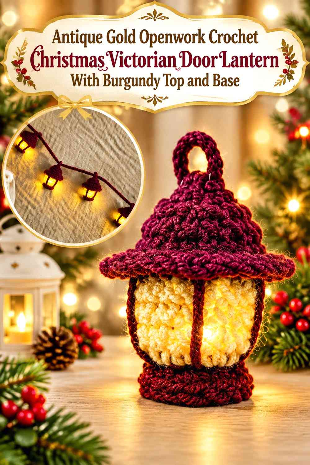 Antique Gold Openwork Crochet Christmas Victorian Door Lantern With Burgundy Top and Base