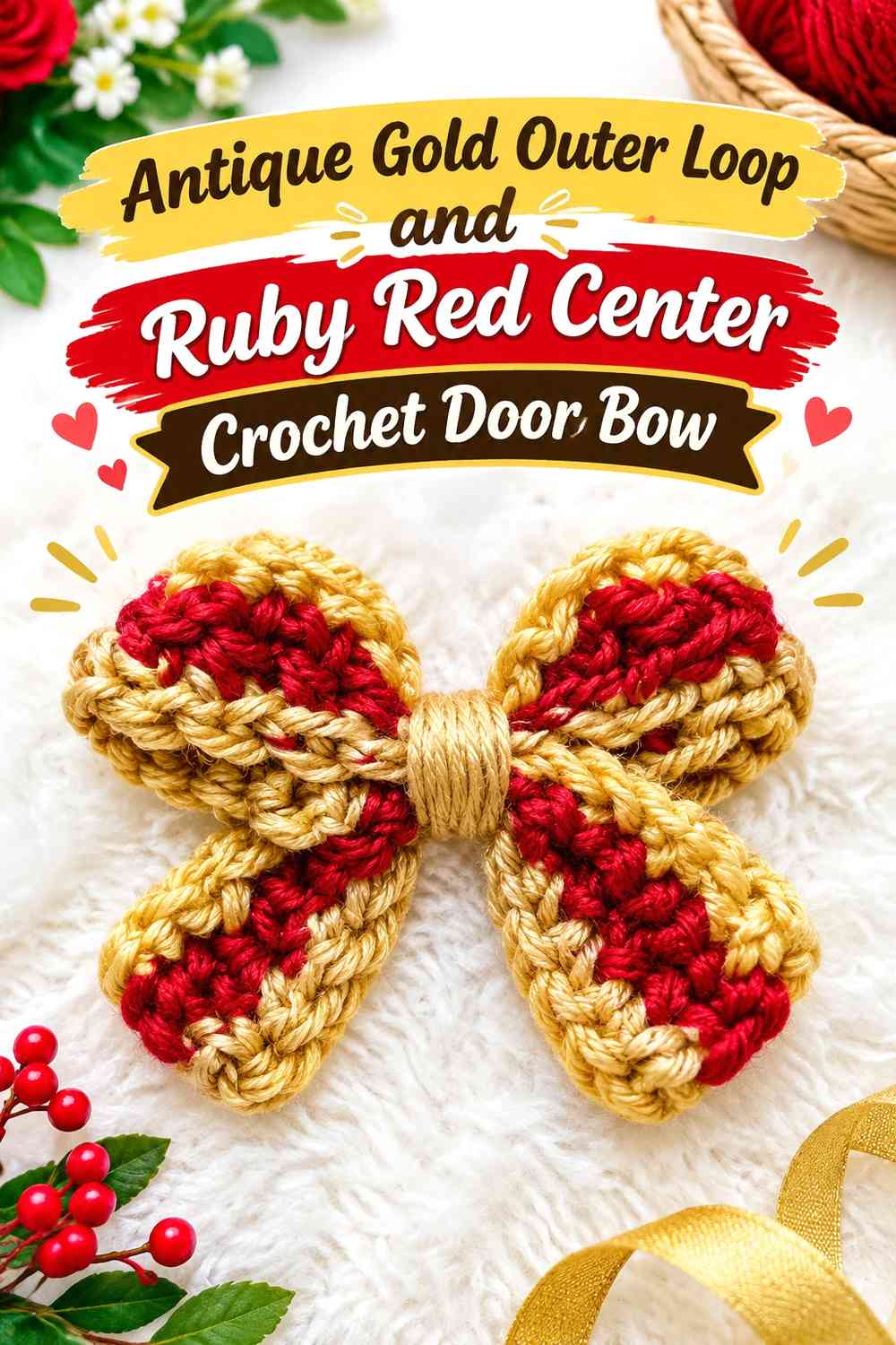 Antique Gold Outer Loop and Ruby Red Center Crochet Door Bow
