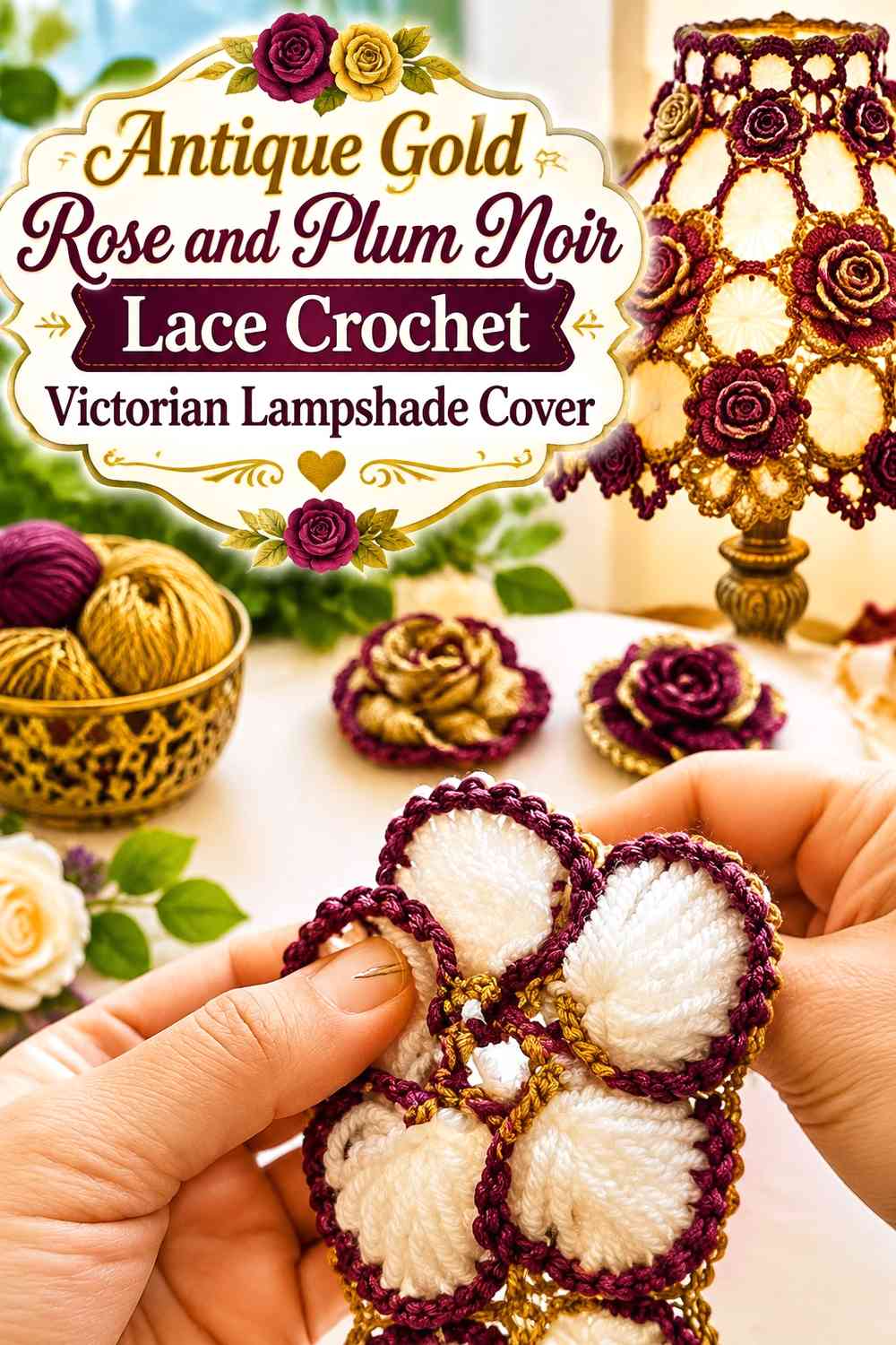 Antique Gold Rose and Plum Noir Lace Crochet Victorian Lampshade Cover