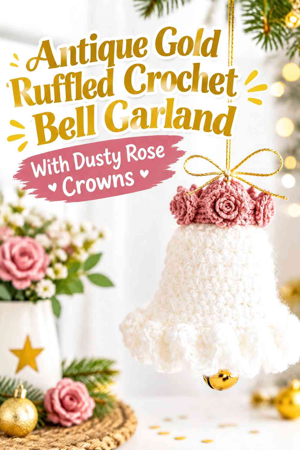 Antique Gold Ruffled Crochet Bell Garland With Dusty Rose Crowns