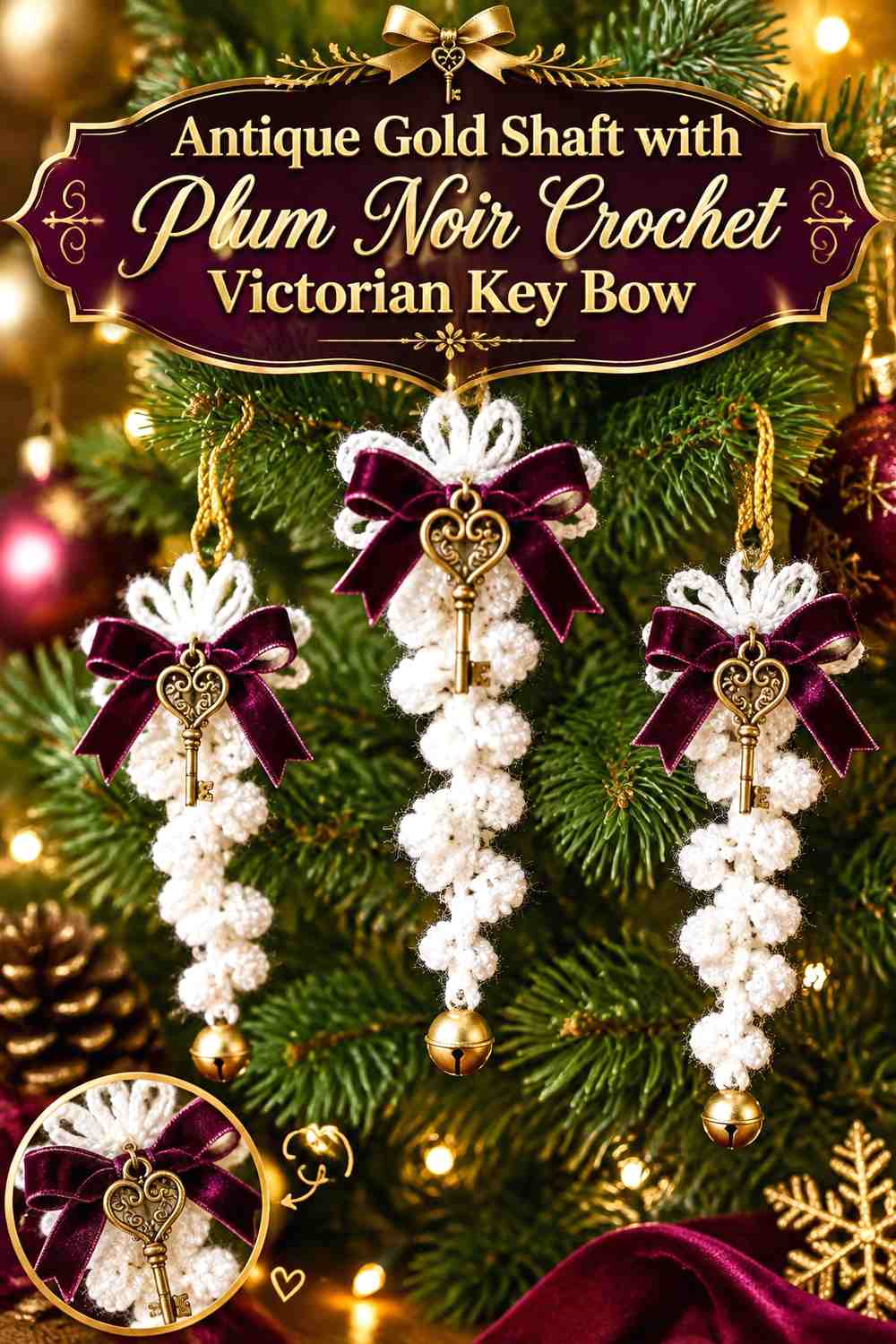 Antique Gold Shaft with Plum Noir Crochet Victorian Key Bow