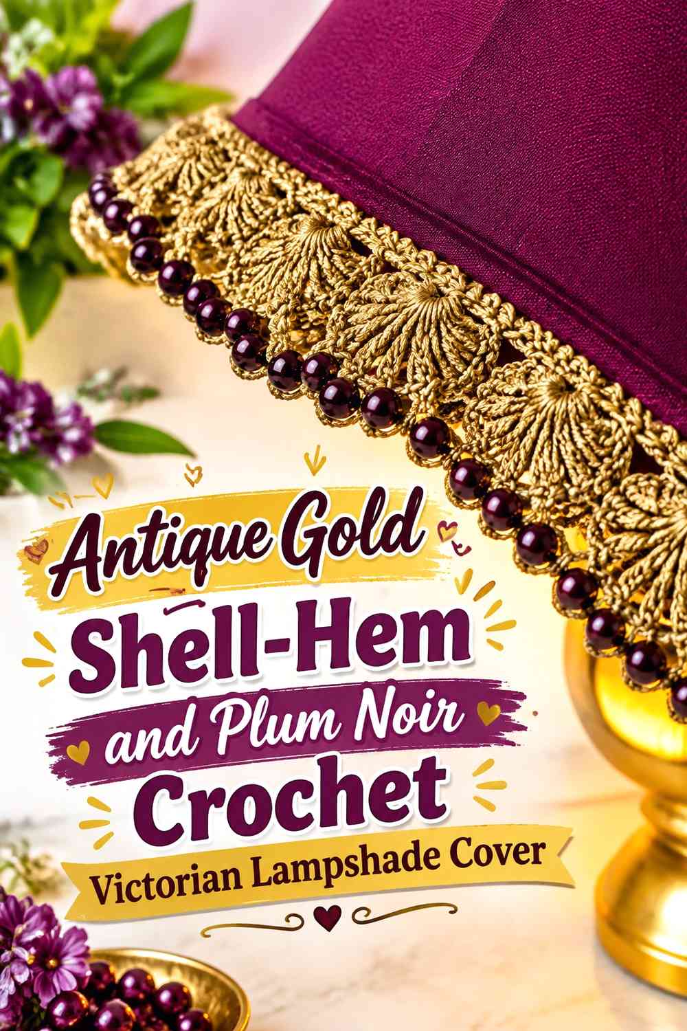Antique Gold Shell-Hem and Plum Noir Crochet Victorian Lampshade Cover