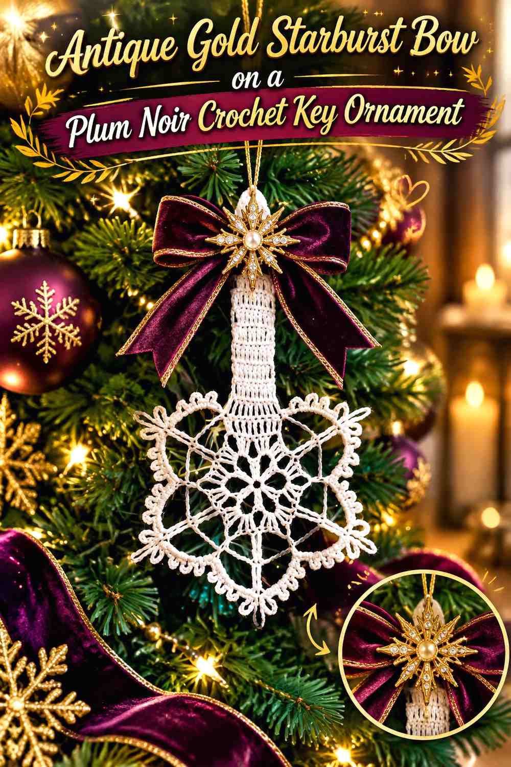 Antique Gold Starburst Bow on a Plum Noir Crochet Key Ornament
