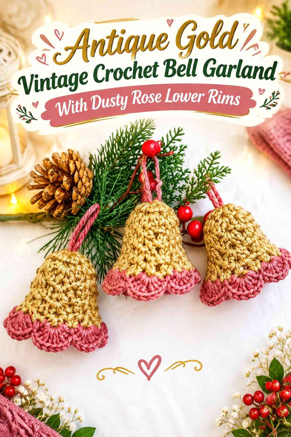Antique Gold Vintage Crochet Bell Garland With Dusty Rose Lower Rims