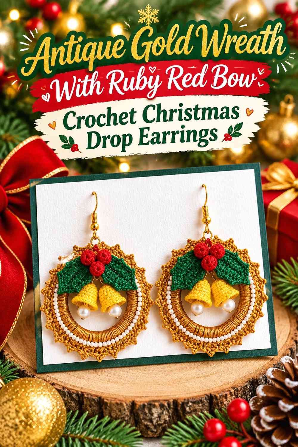 Antique Gold Wreath With Ruby Red Bow Crochet Christmas Drop Earrings