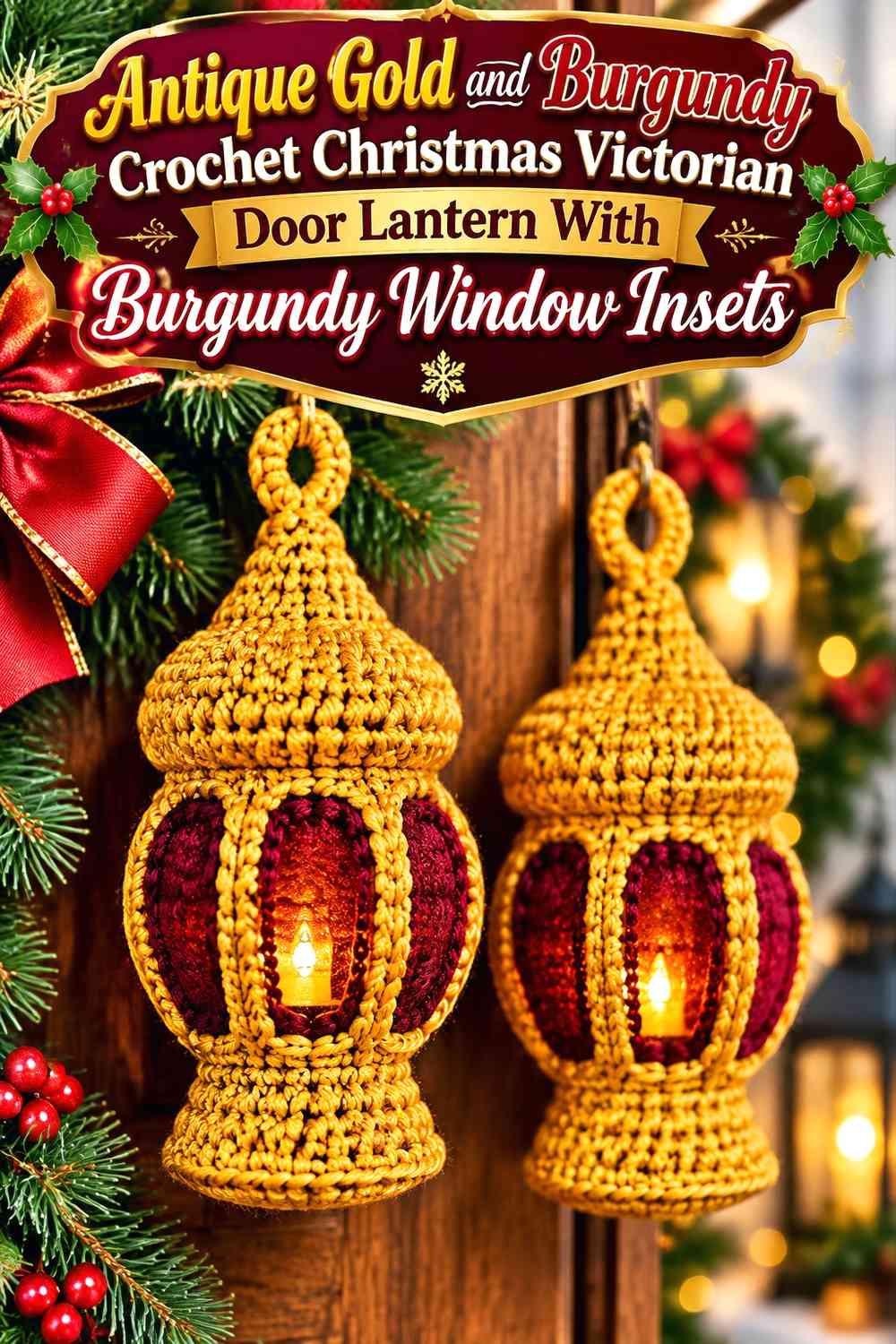 Antique Gold and Burgundy Crochet Christmas Victorian Door Lantern With Burgundy Window Insets