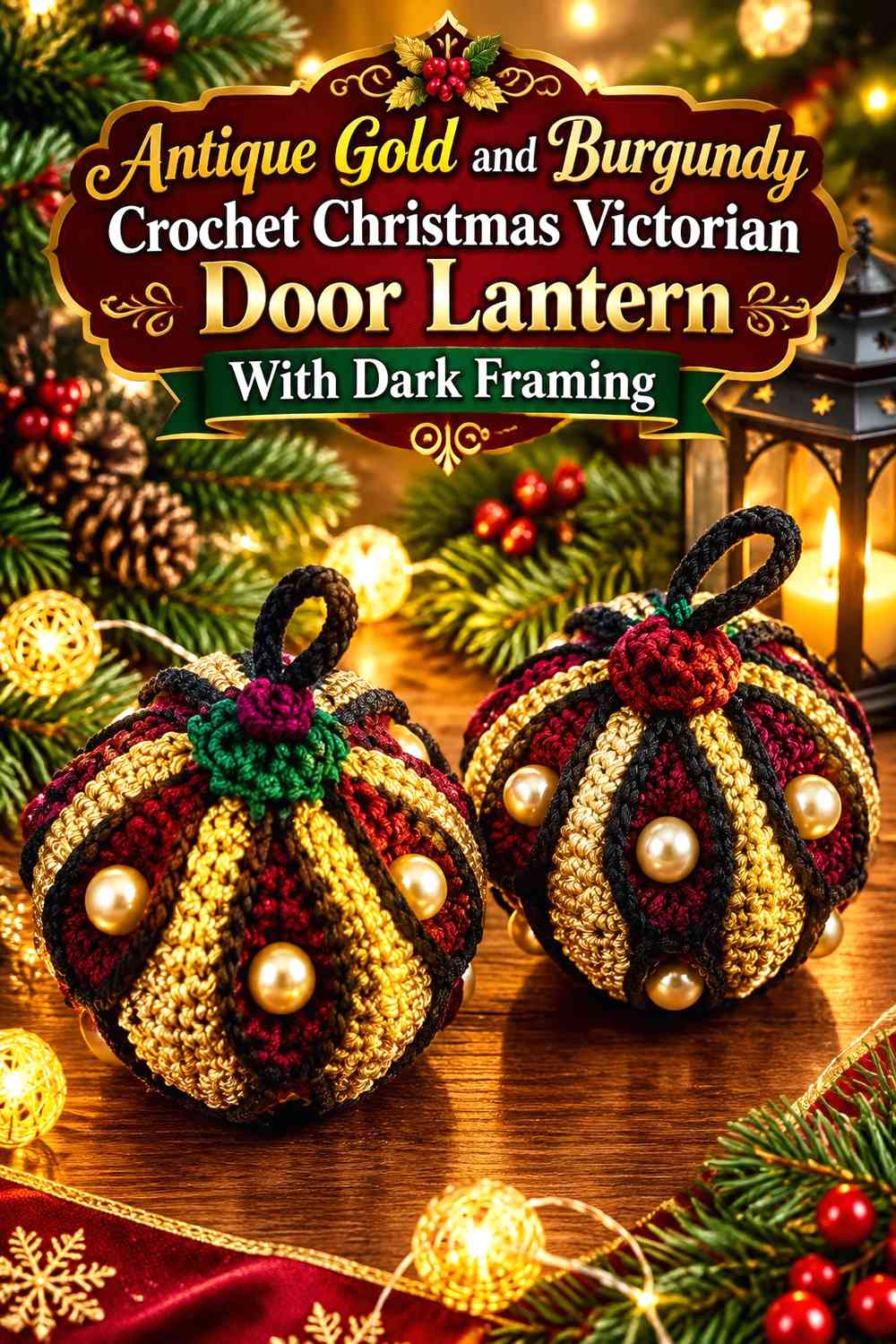 Antique Gold and Burgundy Crochet Christmas Victorian Door Lantern With Dark Framing