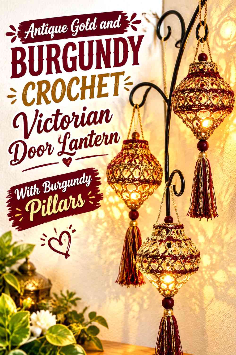 Antique Gold and Burgundy Crochet Victorian Door Lantern With Burgundy Pillars