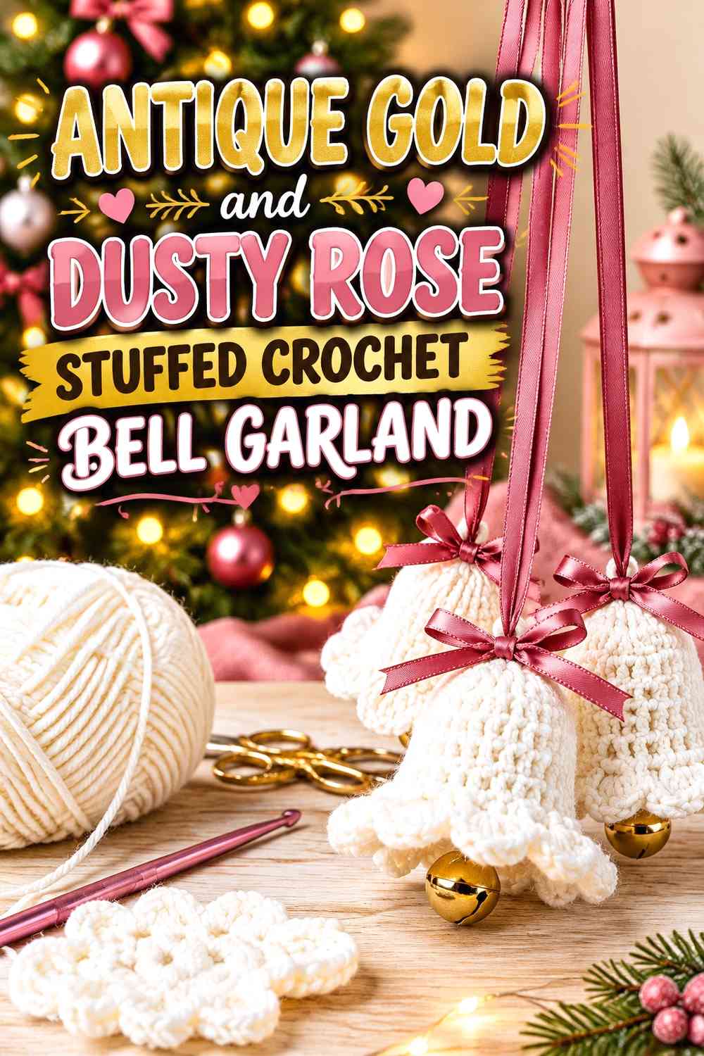 Antique Gold and Dusty Rose Stuffed Crochet Bell Garland