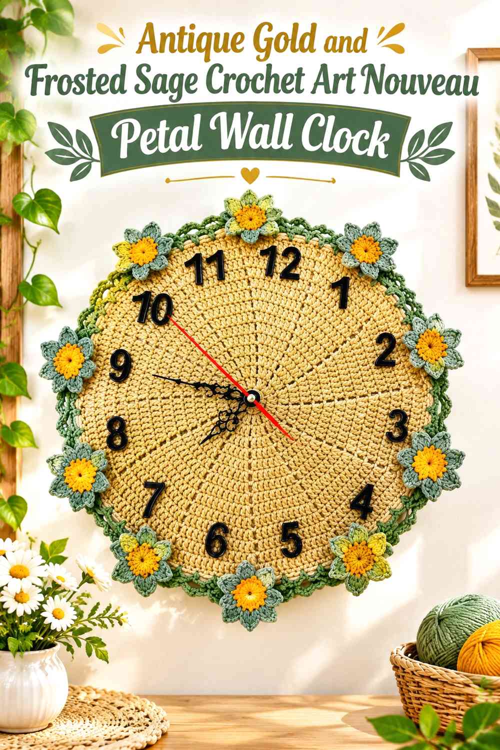Antique Gold and Frosted Sage Crochet Art Nouveau Petal Wall Clock