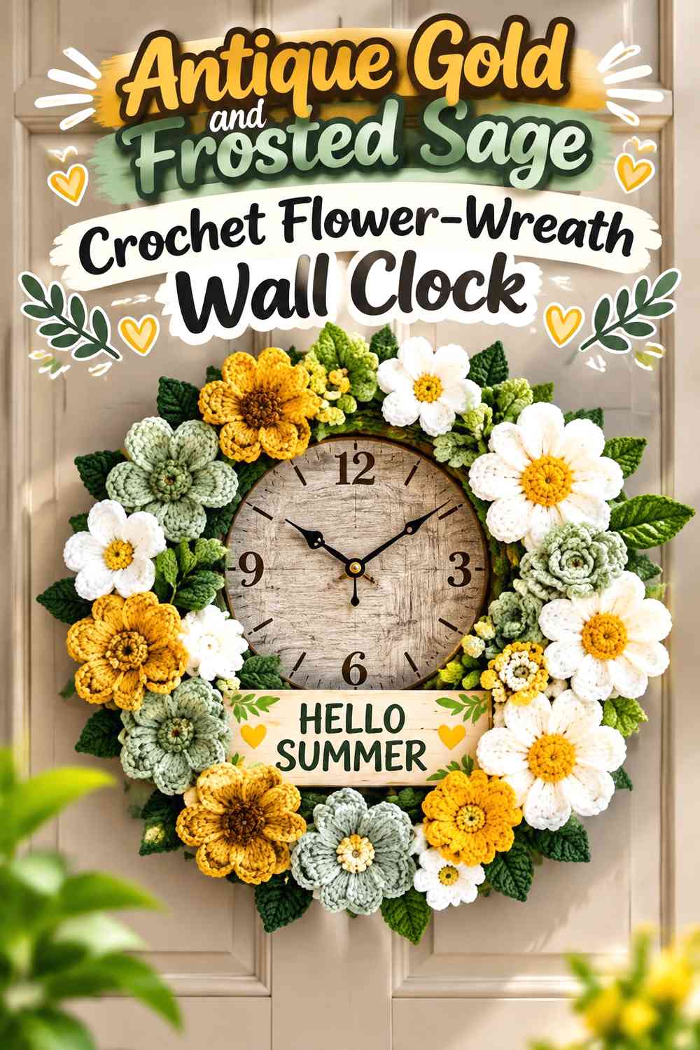 Antique Gold and Frosted Sage Crochet Flower-Wreath Wall Clock