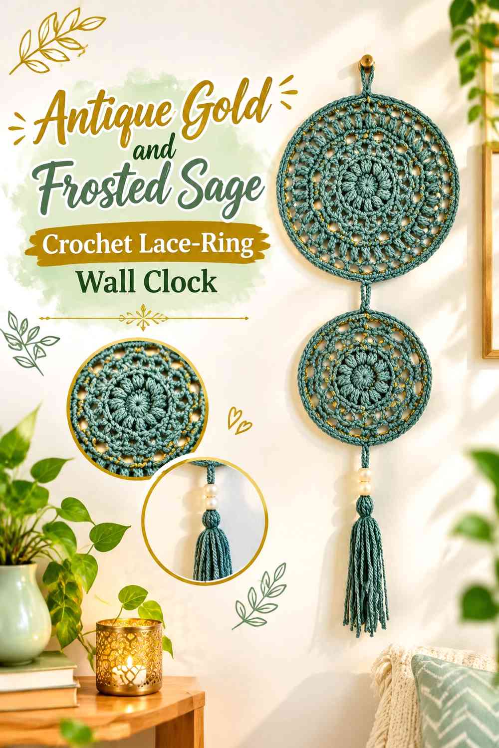 Antique Gold and Frosted Sage Crochet Lace-Ring Wall Clock