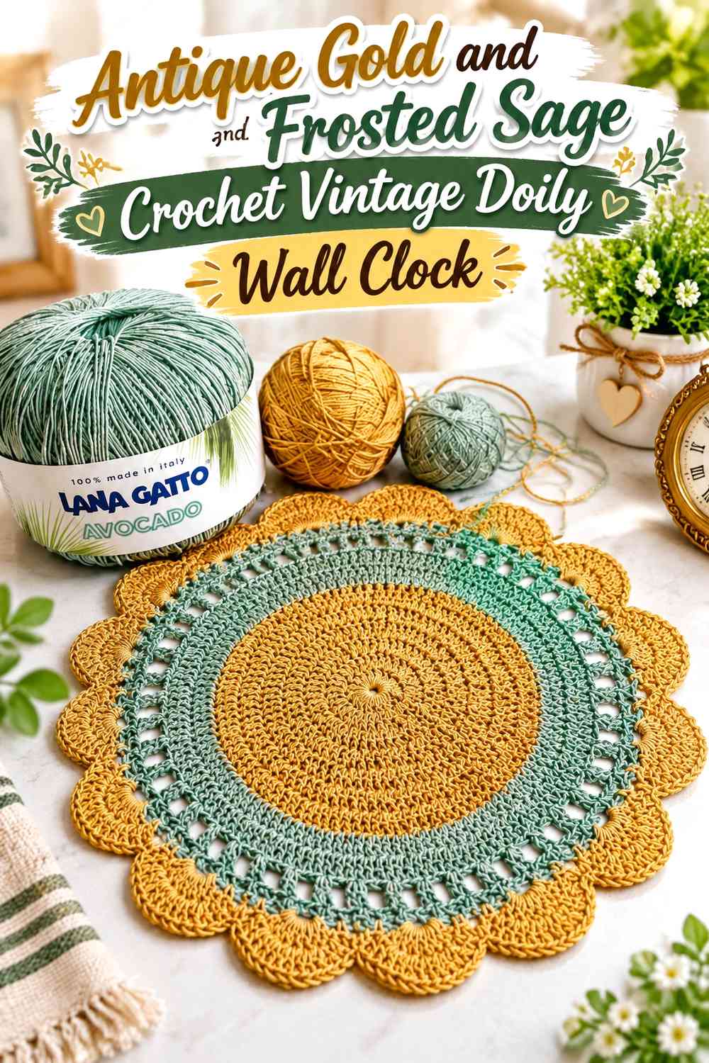Antique Gold and Frosted Sage Crochet Vintage Doily Wall Clock