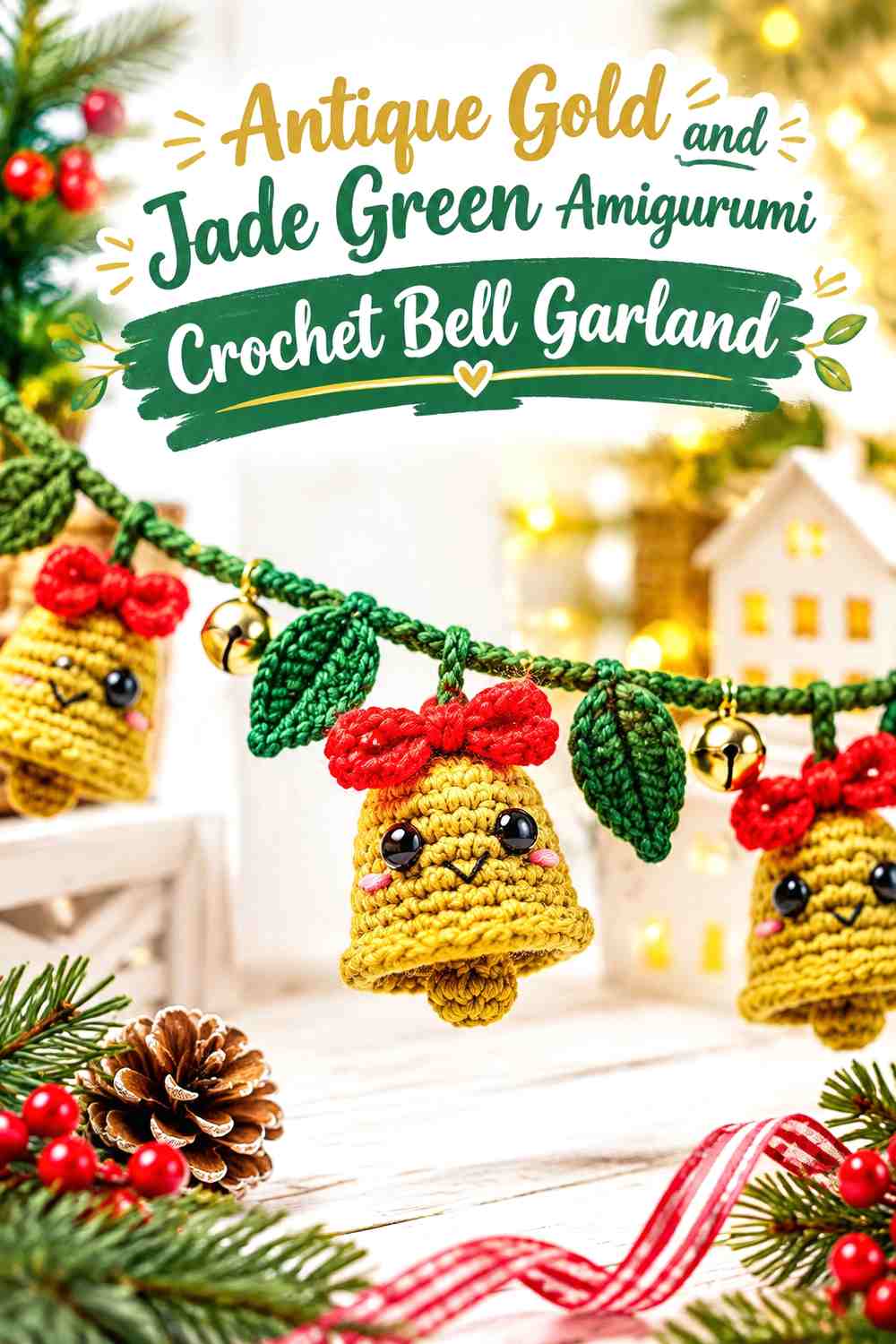 Antique Gold and Jade Green Amigurumi Crochet Bell Garland