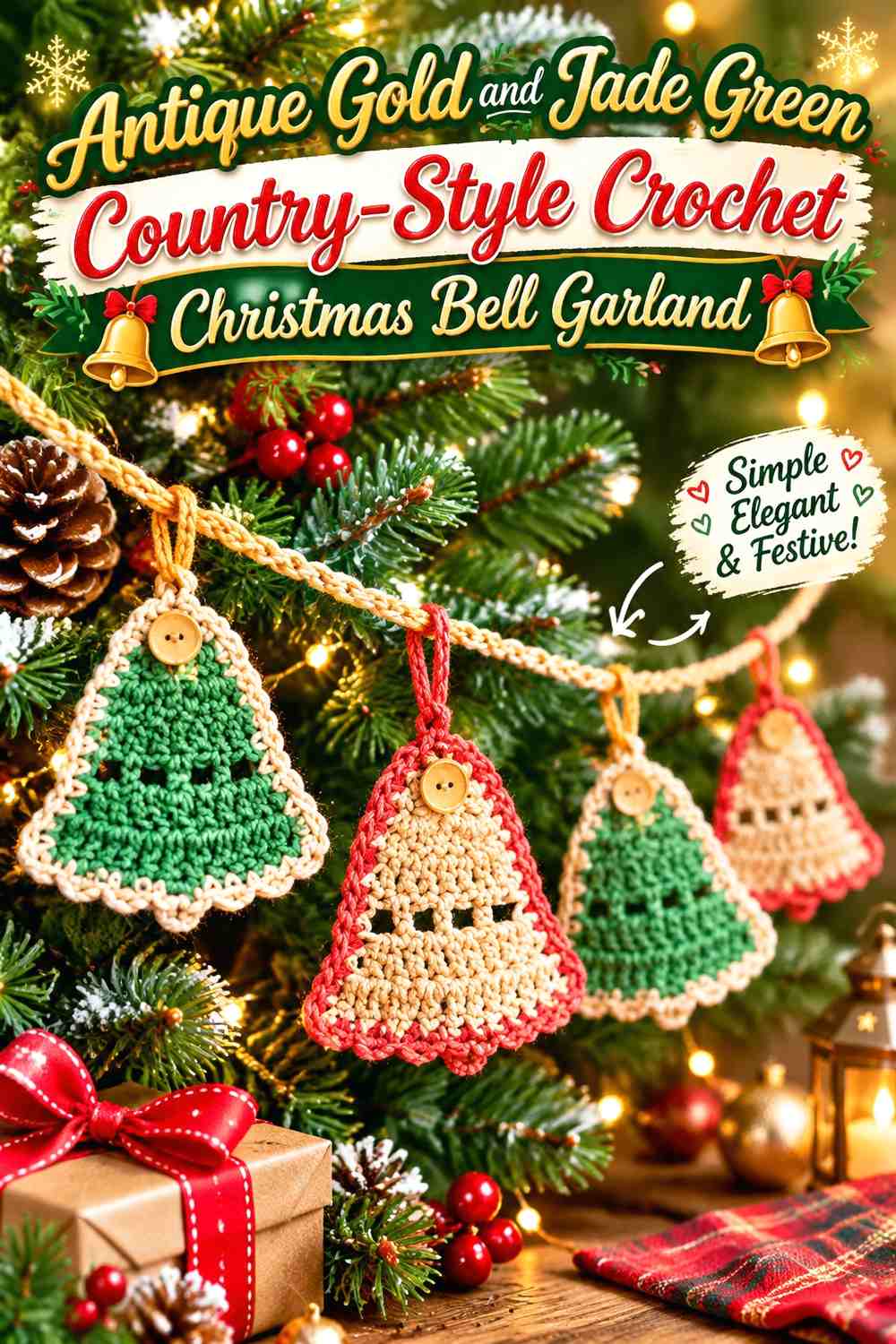 Antique Gold and Jade Green Country-Style Crochet Christmas Bell Garland