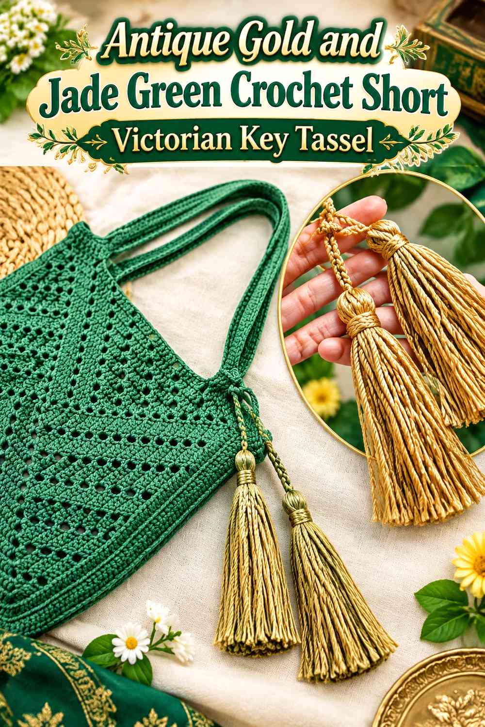 Antique Gold and Jade Green Crochet Short Victorian Key Tassel
