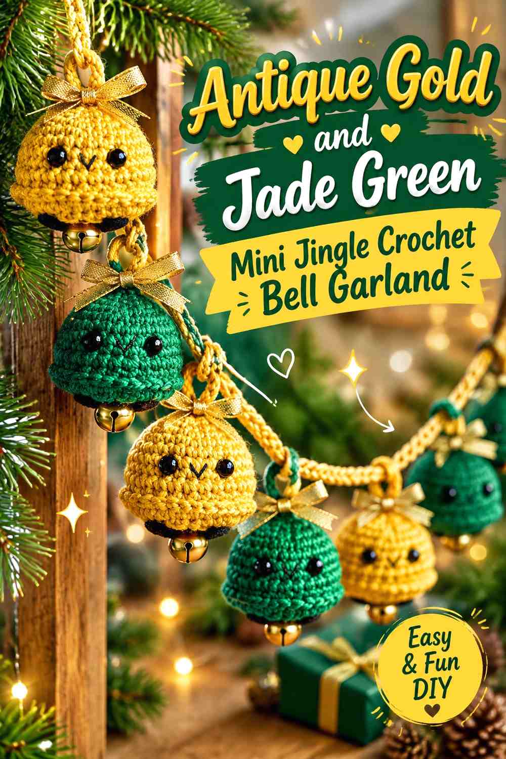Antique Gold and Jade Green Mini Jingle Crochet Bell Garland
