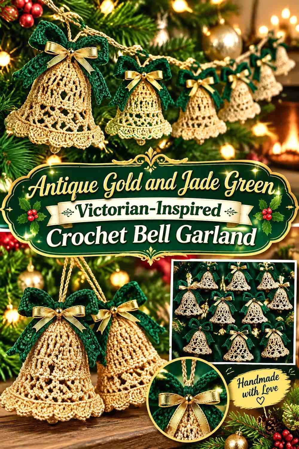 Antique Gold and Jade Green Victorian-Inspired Crochet Bell Garland