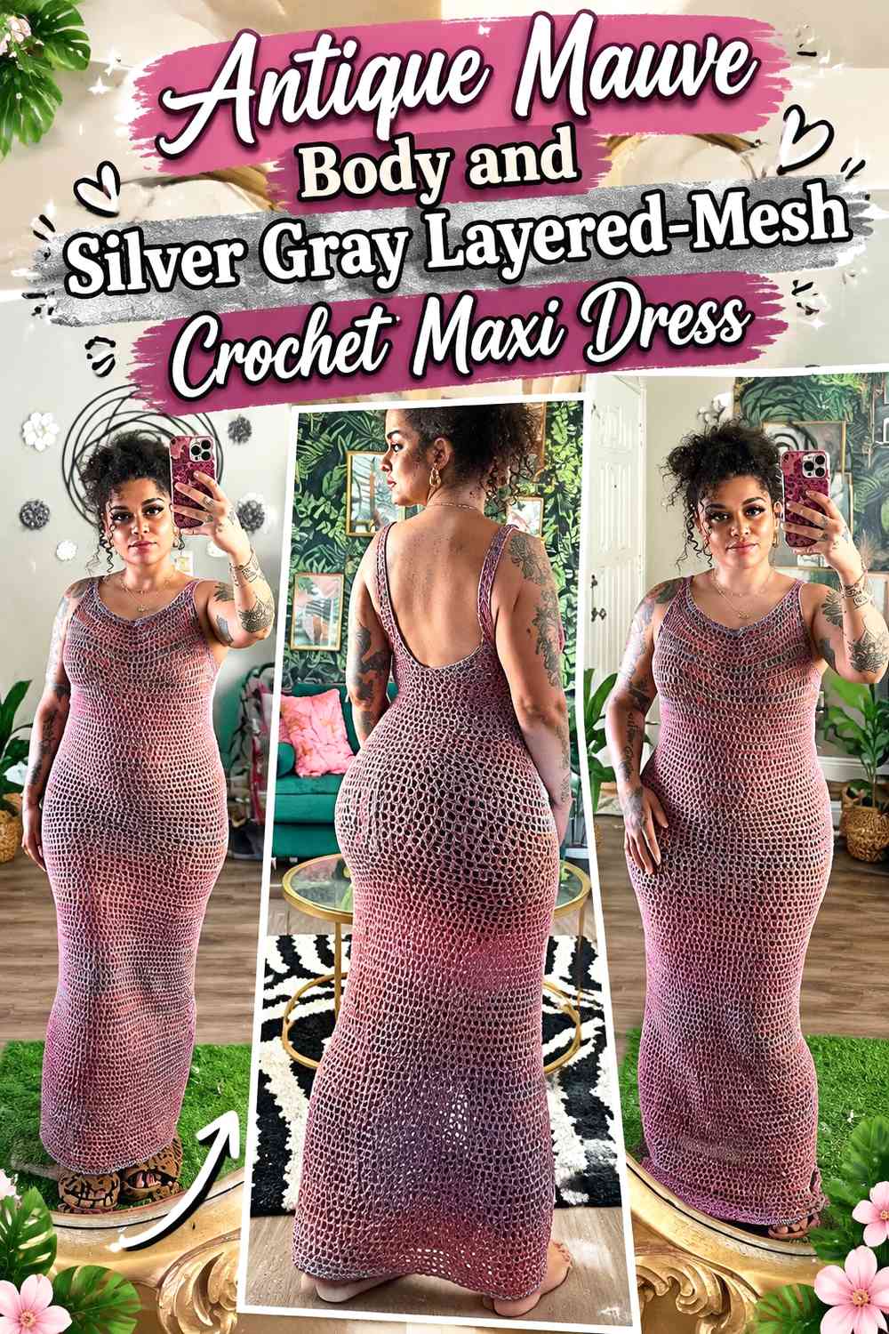 Antique Mauve Body and Silver Gray Layered-Mesh Crochet Maxi Dress