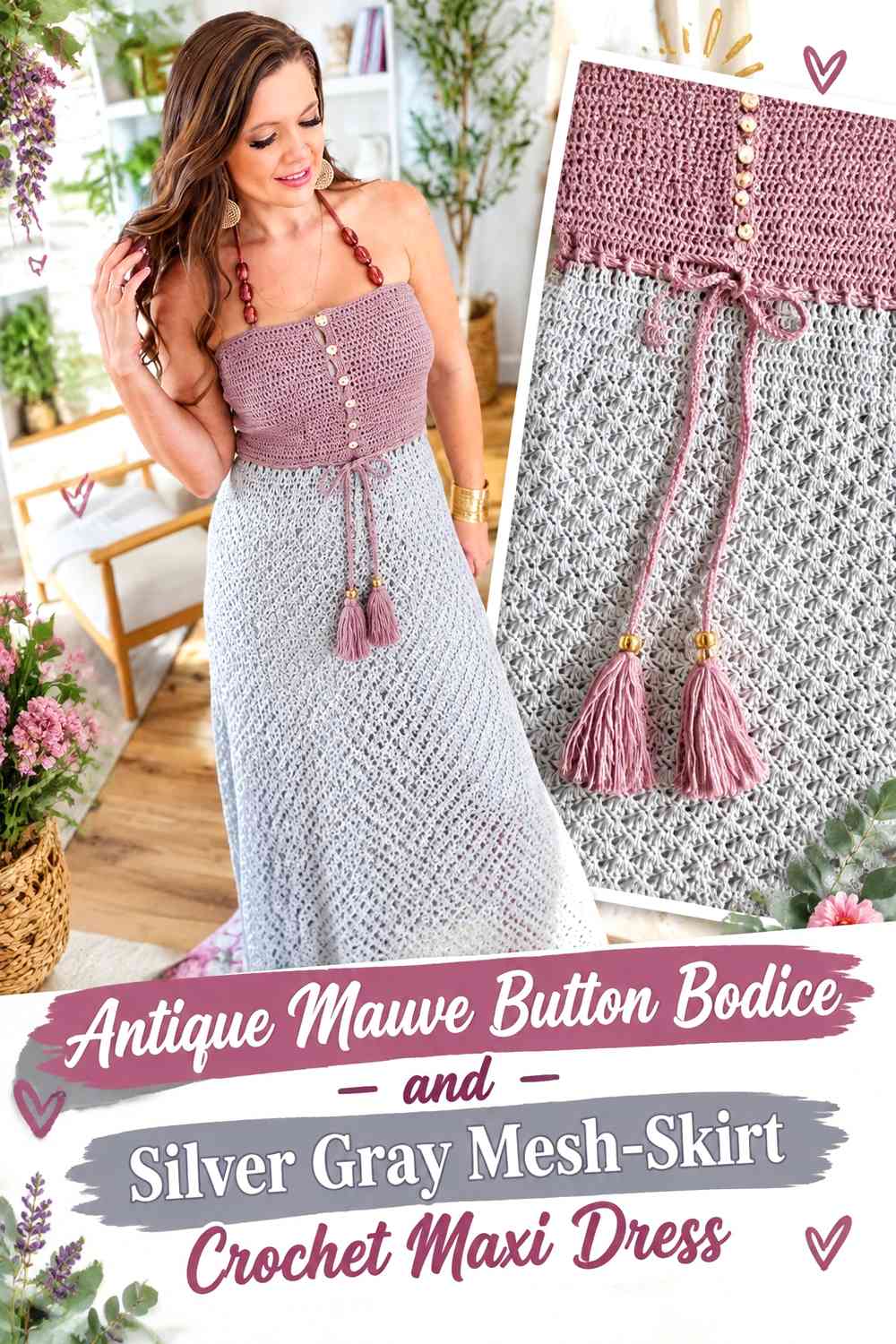 Antique Mauve Button Bodice and Silver Gray Mesh-Skirt Crochet Maxi Dress