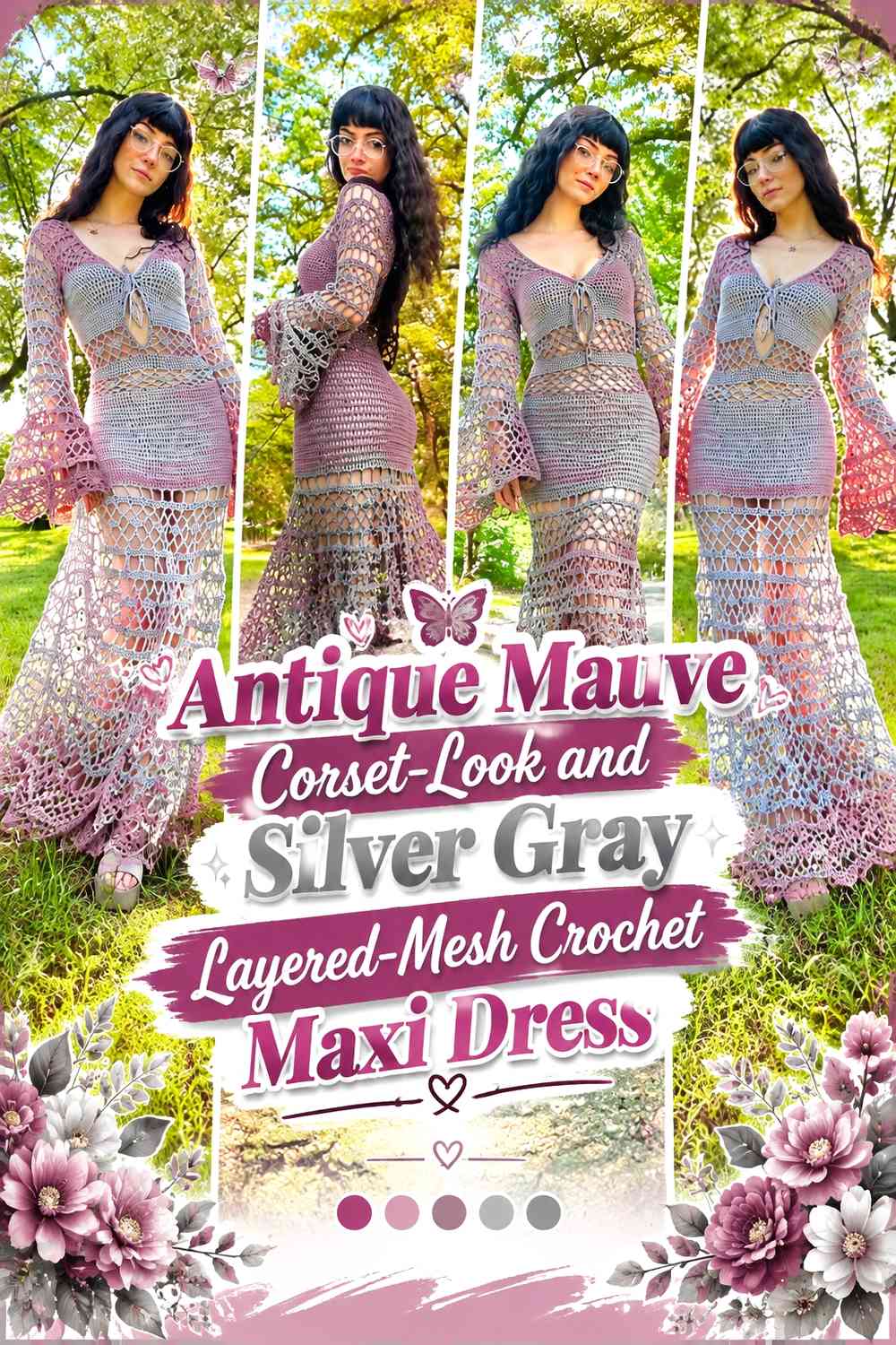 Antique Mauve Corset-Look and Silver Gray Layered-Mesh Crochet Maxi Dress