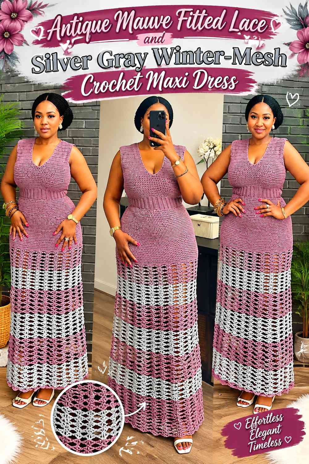 Antique Mauve Fitted Lace and Silver Gray Winter-Mesh Crochet Maxi Dress
