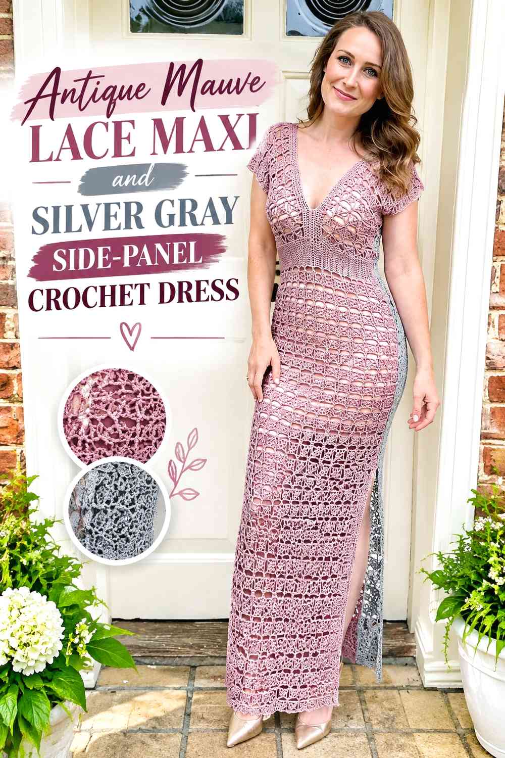 Antique Mauve Lace Maxi and Silver Gray Side-Panel Crochet Dress