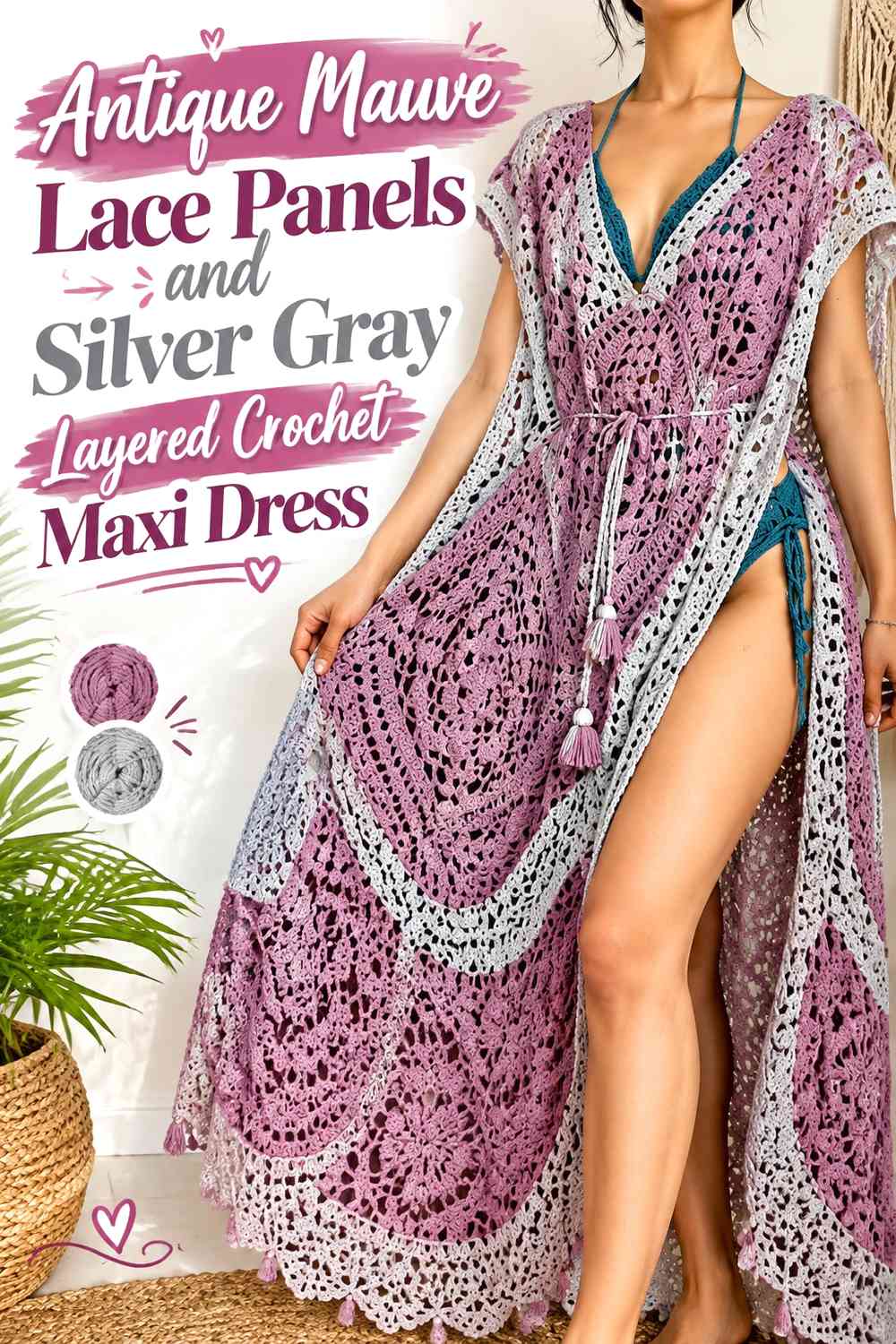 Antique Mauve Lace Panels and Silver Gray Layered Crochet Maxi Dress