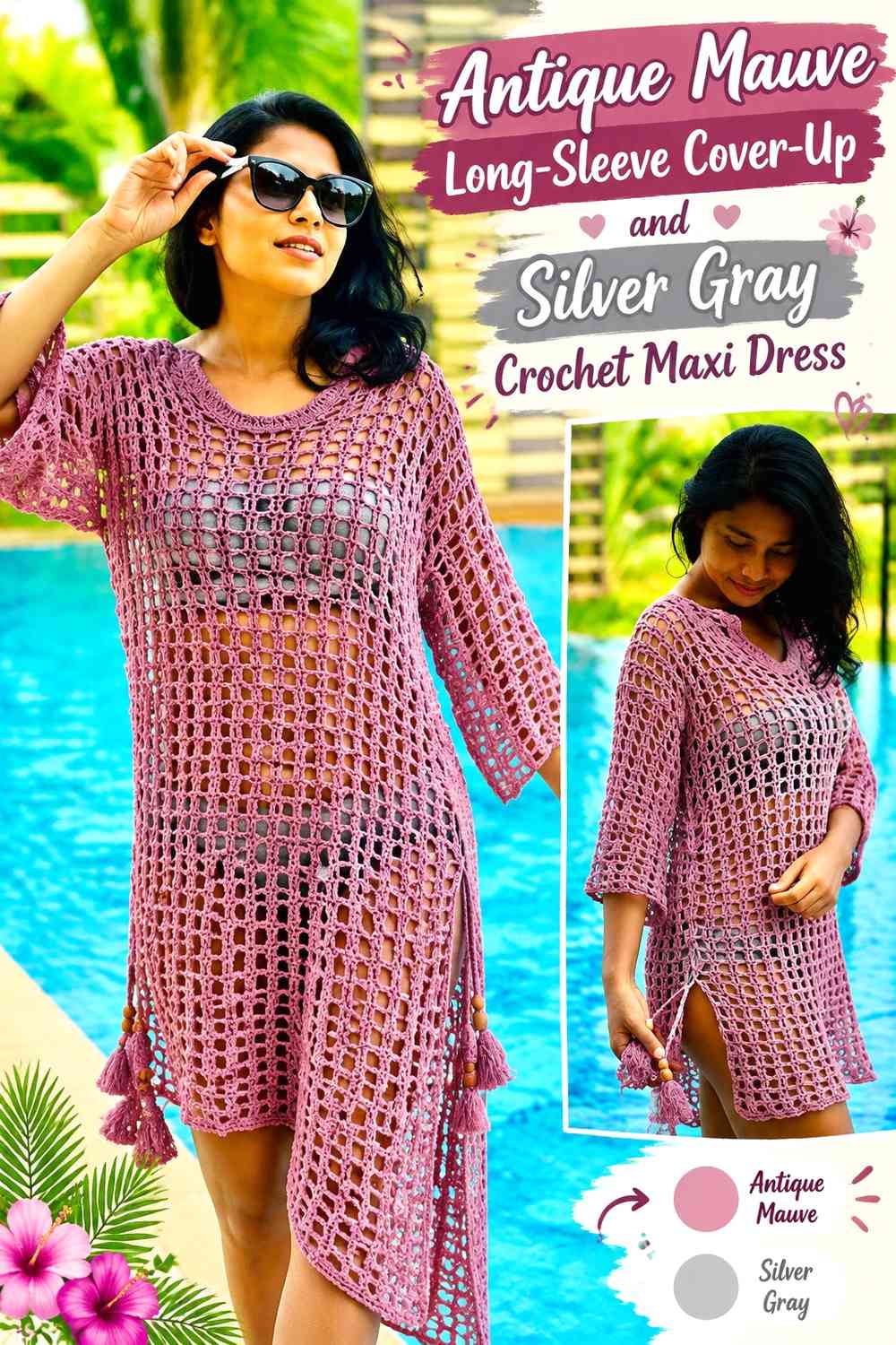 Antique Mauve Long-Sleeve Cover-Up and Silver Gray Crochet Maxi Dress
